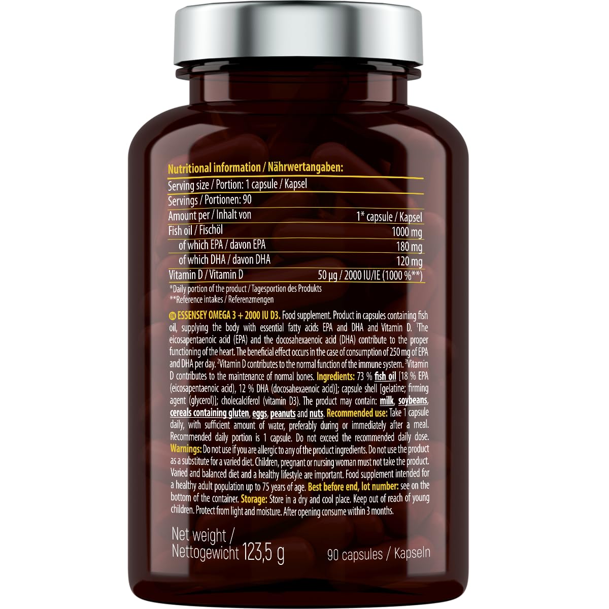 Essensey Omega 3 Fish Oil with 2000IU Vitamin D3 - 90 Softgel Capsules for Heart, Brain & Immune Health - Supports Joint Function & Bone Strength