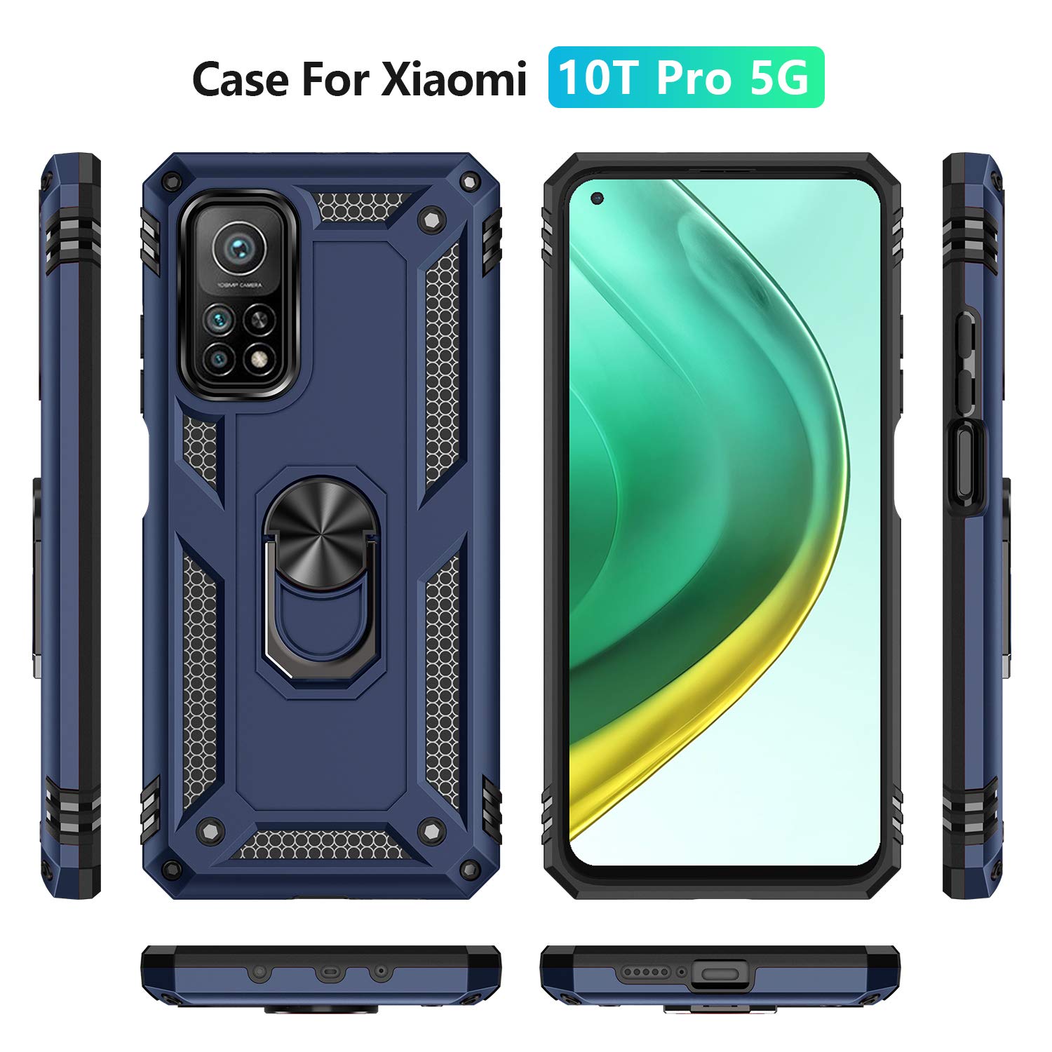 Shockproof Armor Case for Xiaomi Mi 10T Pro 5G/Mi 10T 5G with Built-in Screen Protector & Ring Kickstand - Military Grade Slim Protective Cover (Blue) - Perfect for Outdoor Activities, Travel, and Daily Protection
