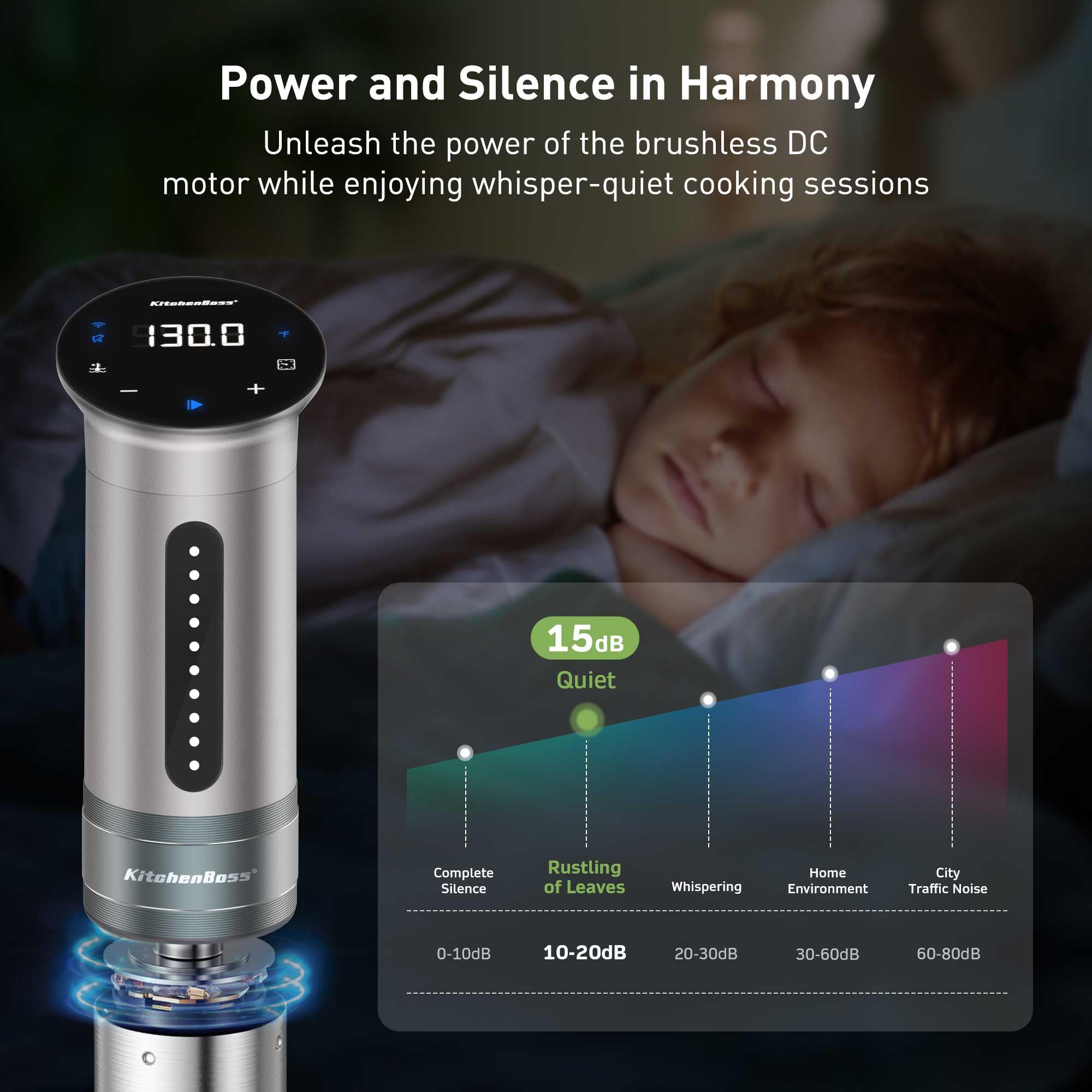 KitchenBoss 1100W WiFi Sous Vide Precision Cooker - Ultra Quiet Immersion Circulator with APP Control, IPX7 Waterproof, Digital Temperature Display (Silver) | Perfect for Steak, Chicken, Fish & Home Cooking