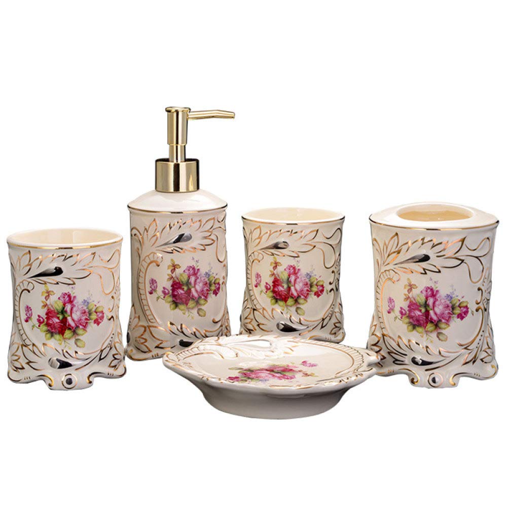 Vintage Ceramic Bathroom Accessories Set - 5 Piece Painted Rose Flower Decor with Soap Dispenser, Toothbrush Holder, Soap Dish & 2 Tumblers - Beige Vanity Organizer for Home, Hotel & Spa Decor