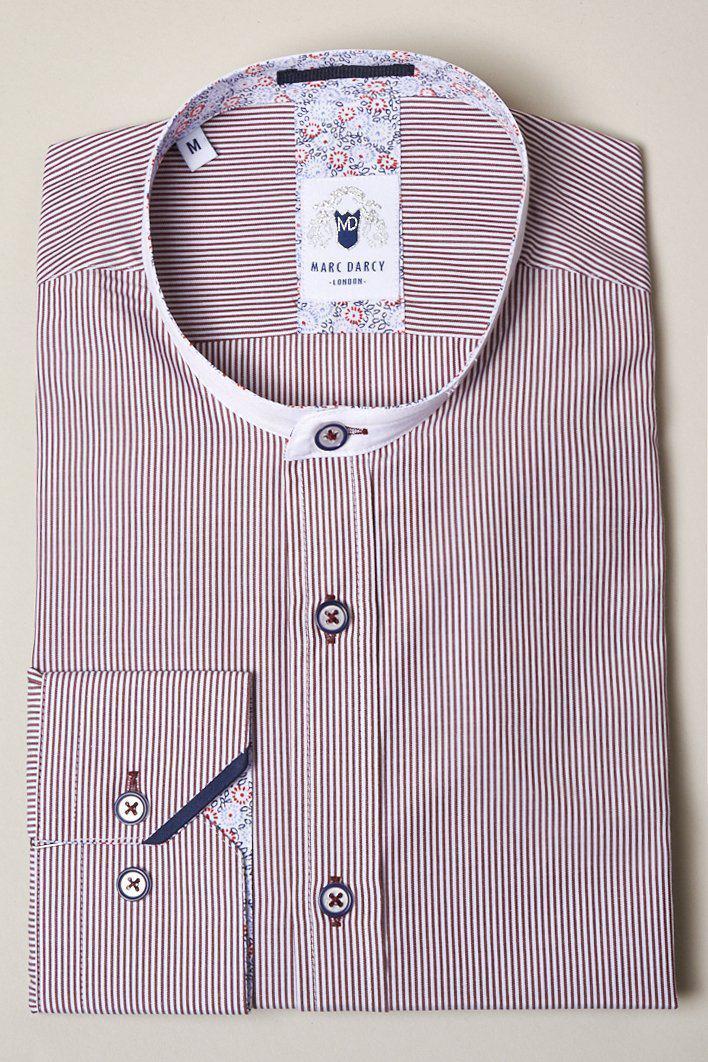 COOPER Grandad Collar Wine Stripe Shirt for Men - Vintage Button Down Casual Shirt with Striped Pattern - Perfect for Office, Date Night & Weekend Outings