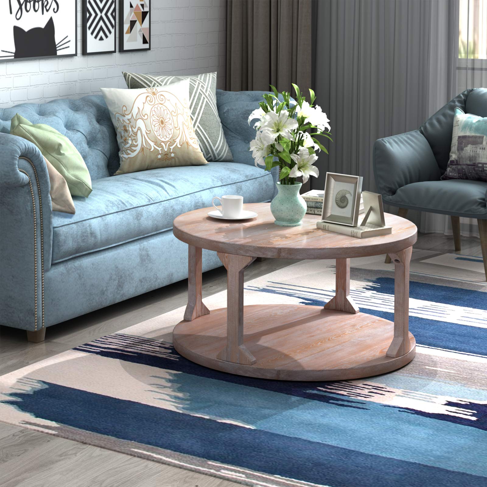 Rustic Round Coffee Table - Solid Wood & MDF Living Room Table with Dusty Wax Finish (35.5 Inch Diameter) - Perfect for Farmhouse, Cottage & Modern Home Decor