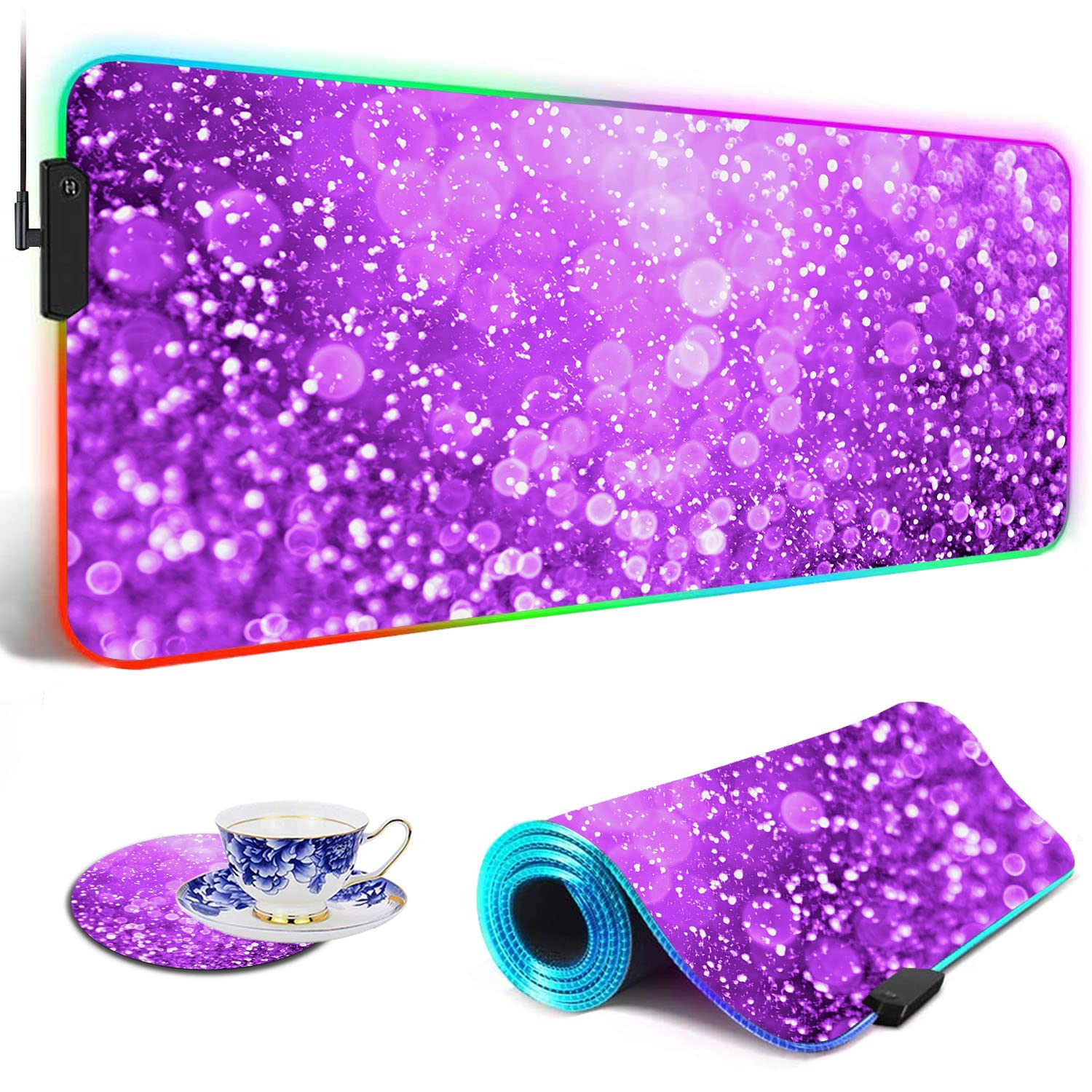 RGB LED Gaming Mouse Pad with Glitter Pattern - Large Waterproof Desk Mat for Keyboard & Mouse, Purple Sparkle Design - Perfect for PC Gamers, Streaming & Office Work