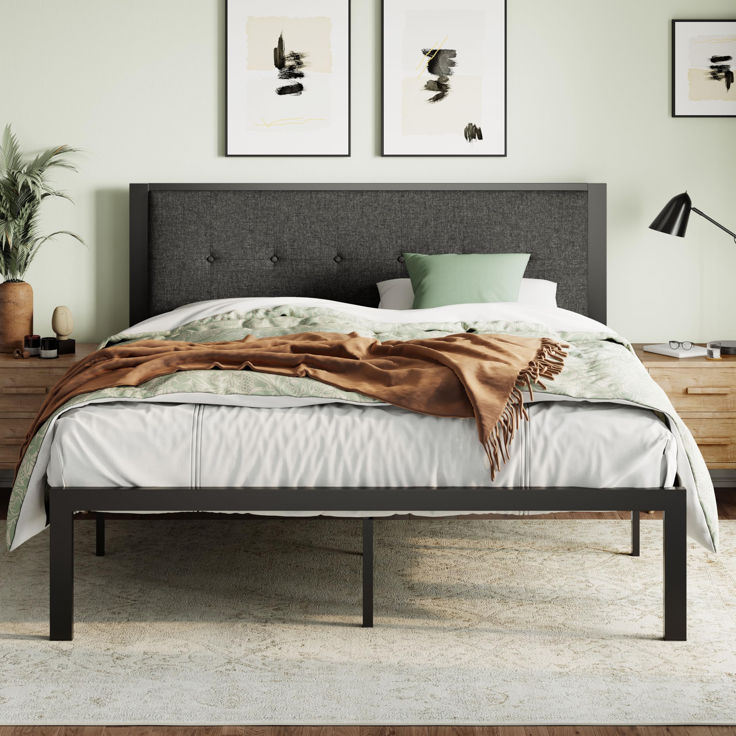 Heavy Duty Queen Size Platform Bed Frame with Upholstered Button Tufted Headboard - 17 Reinforced Metal Slats, 11