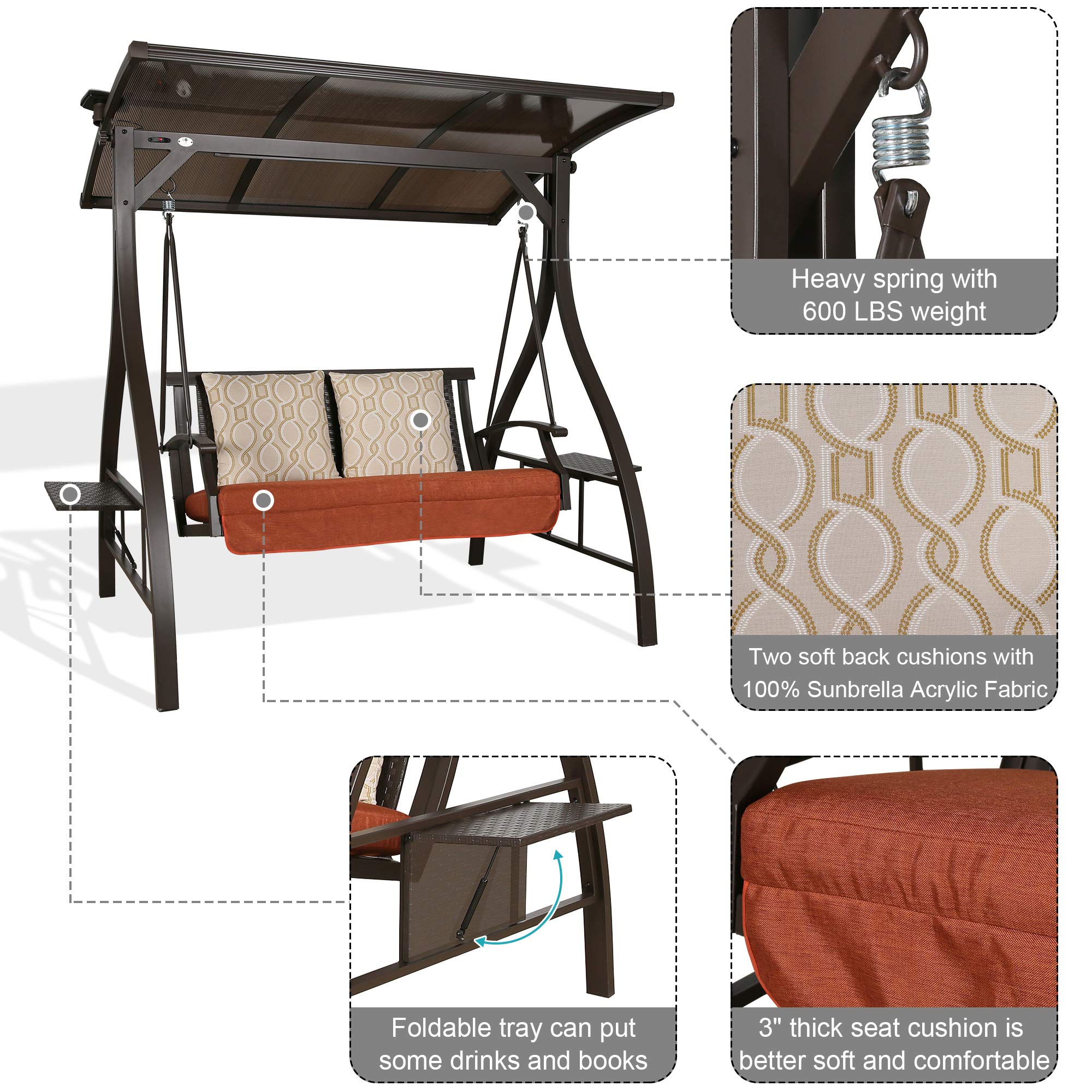 Premium 2-Seat Patio Swing with Cushions - Outdoor Porch Swing Chair with Solar Lights & Adjustable Canopy for Backyard, Garden, Deck Relaxation