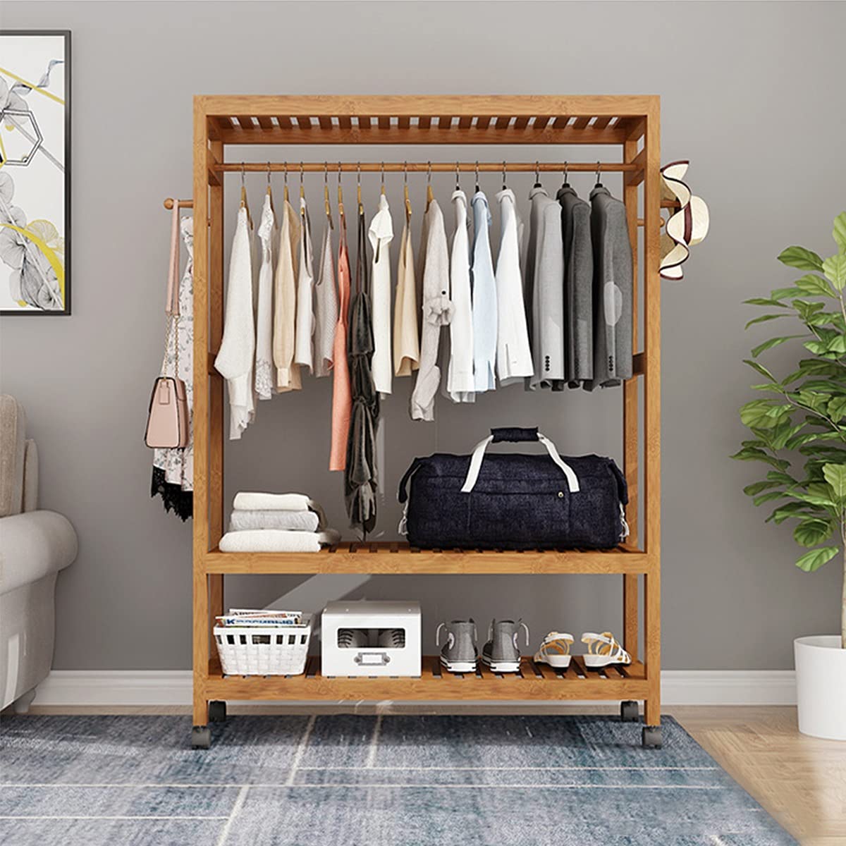 3-Tier Bamboo Clothing Rack with Wheels - 60CM Entryway Garment Organizer for Coats, Shoes & Clothes Storage | Perfect for Bedroom, Closet & Small Space Organization