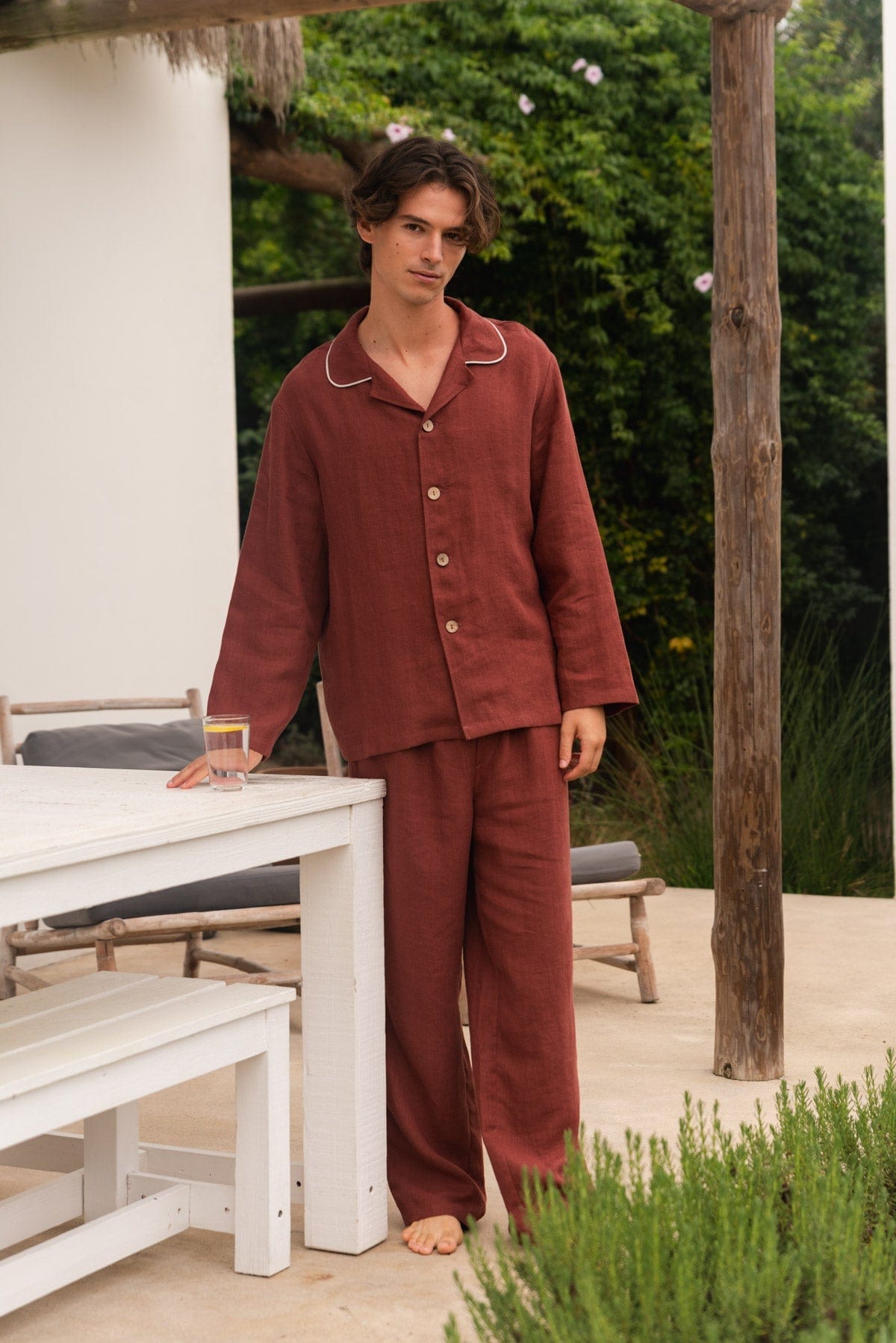 Harry Men's Linen Pajama Set - Breathable & Comfortable Sleepwear for Summer | Soft Cotton Blend Lounge Wear for Home & Travel | Terracotta Color