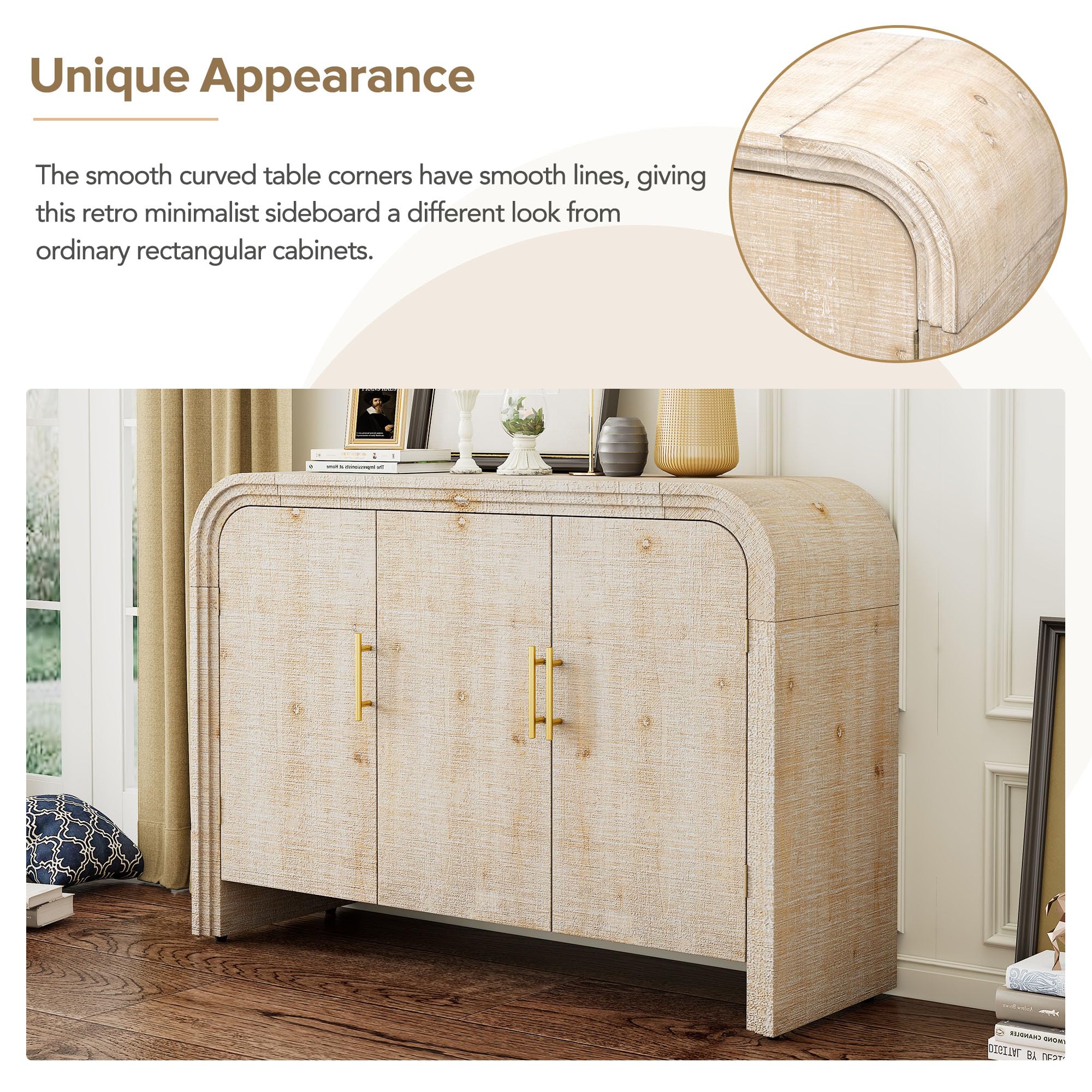 Modern Farmhouse Sideboard Table with Storage - Curved Design, Gold Handles & Adjustable Shelves - Buffet Cabinet for Dining Room, Kitchen - Perfect for Entertaining & Home Organization