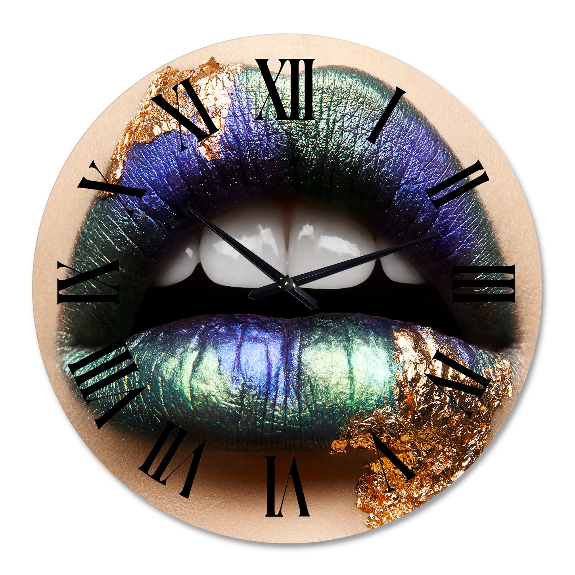 DesignQ Modern Wall Clock - Large Female Lips with Green Lipstick & Teeth Art Decor for Living Room, Bedroom, Office | Unique Home & Gift Idea
