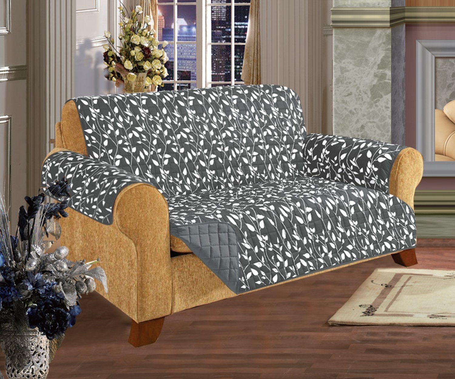 Reversible Furniture Protectors - Solid & Leaf Design in Gray for Couches, Chairs & Sofas - Perfect for Home, Office & Pet Protection