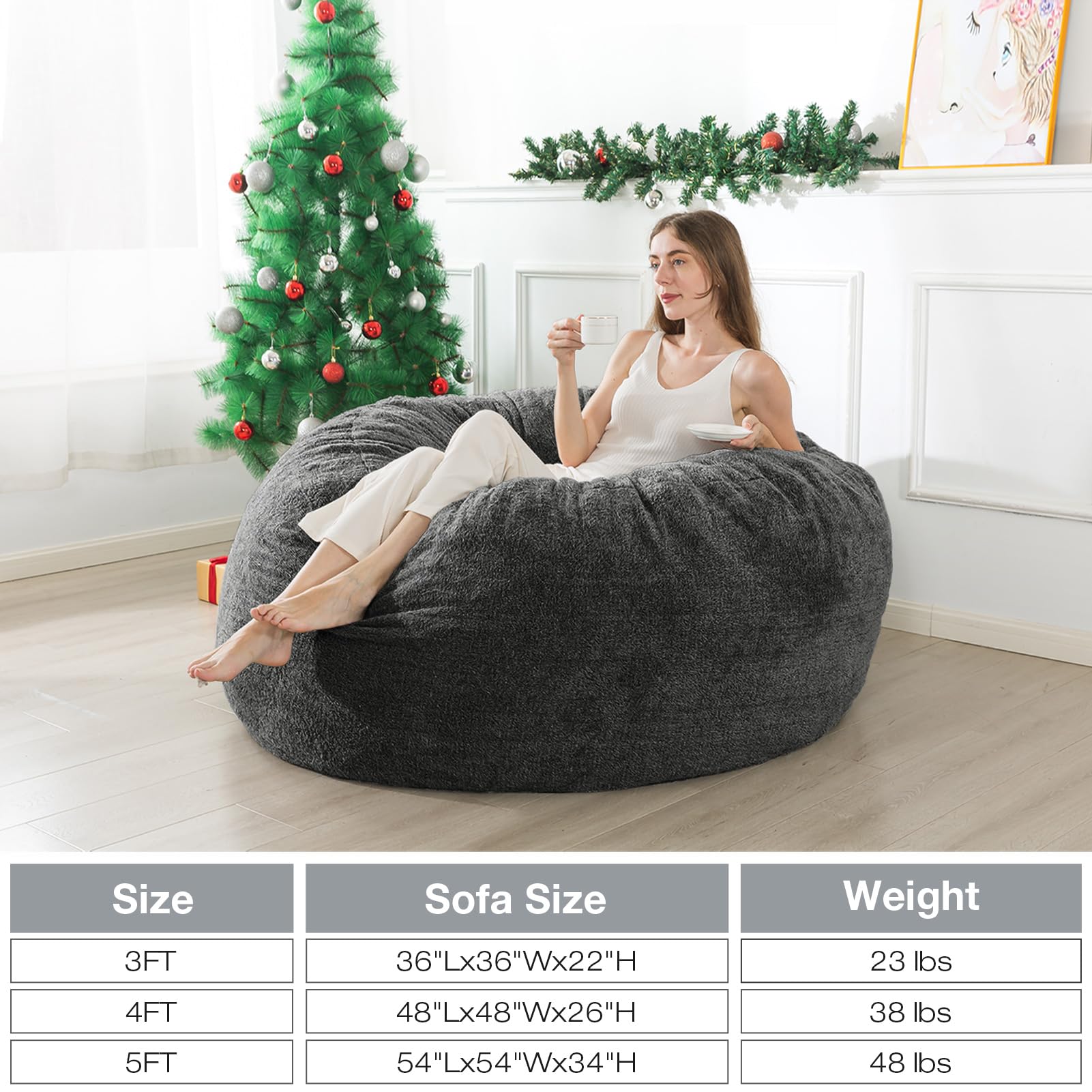 3 ft Sherpa Bean Bag Chair with Filling - Ultra Soft Faux Fur & Memory Foam for Adults & Kids | Dark Gray | Perfect for Living Room, Bedroom & Game Room Lounging