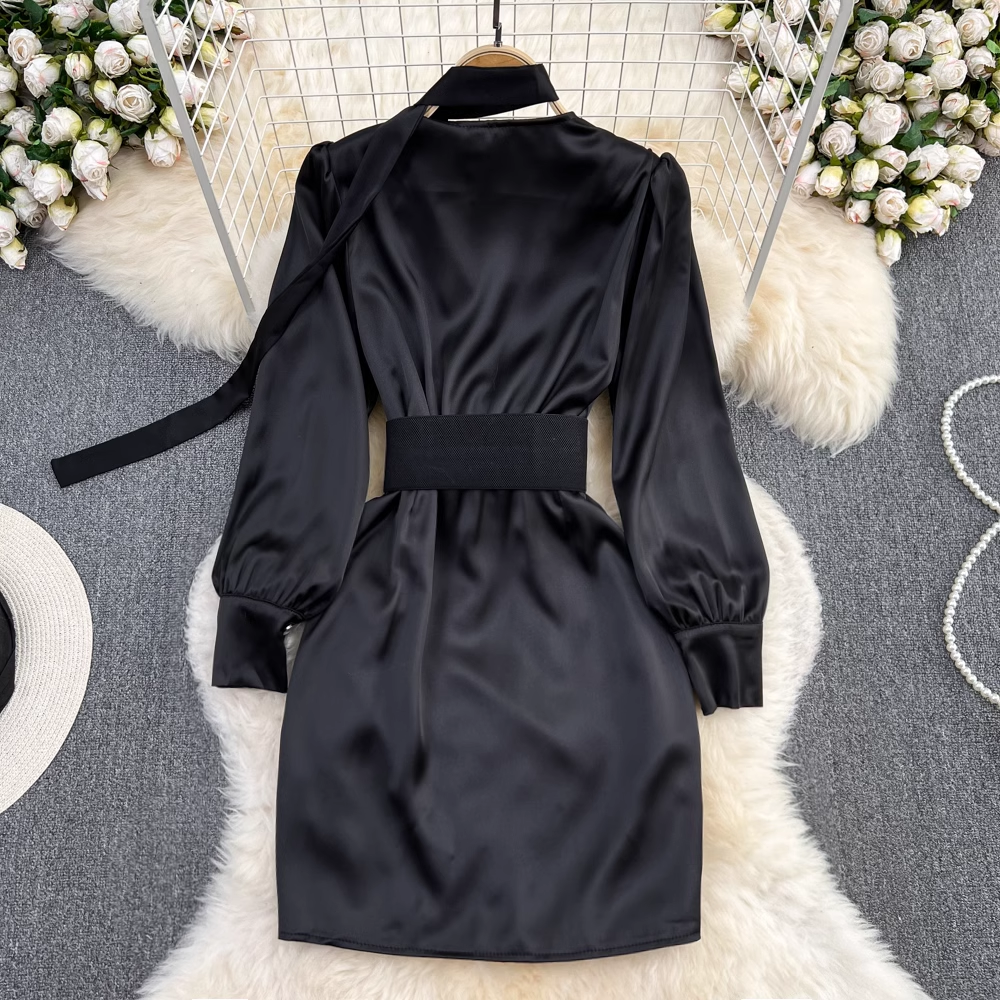 Elegant Autumn Satin Black V-Neck Long Sleeve Sheath Dress for Women | Formal Office Wear & Evening Party Outfit | Flattering Bodycon Style for Fall Season