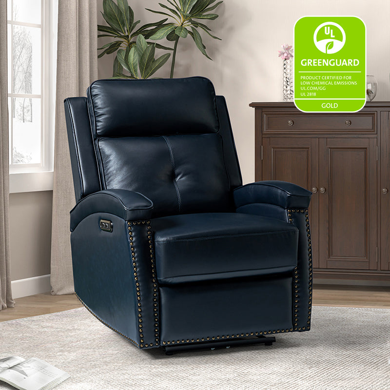 Premium Stefan Genuine Leather Power Recliner with Nailhead Trim - Electric Adjustable Sofa for Living Room, Home Theater & Office - Comfortable Leather Lounge Chair with USB Charging Port