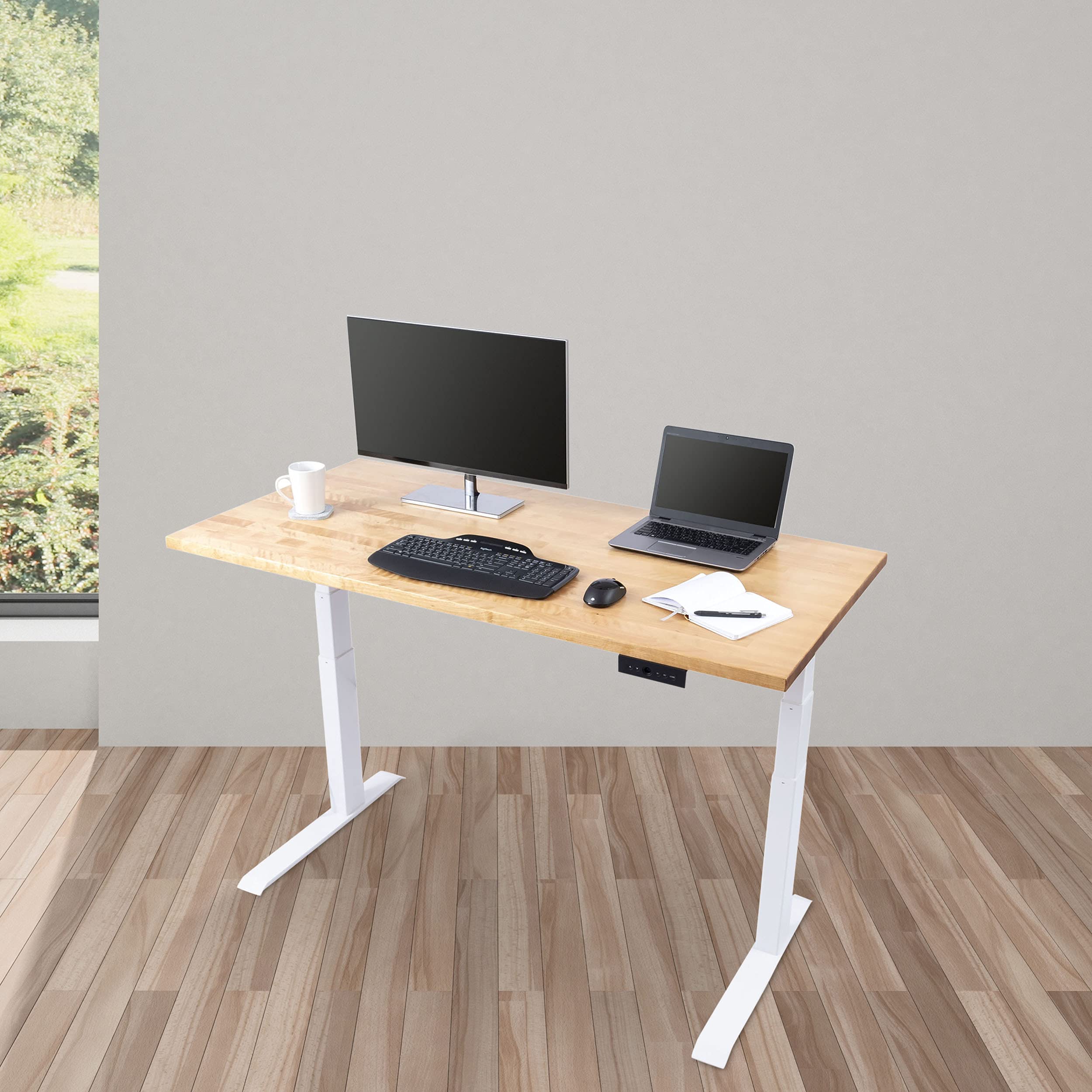 Premium Solid Wood Electric Standing Desk - Adjustable Height with Memory Presets, White Frame & Natural Birch Top, 60