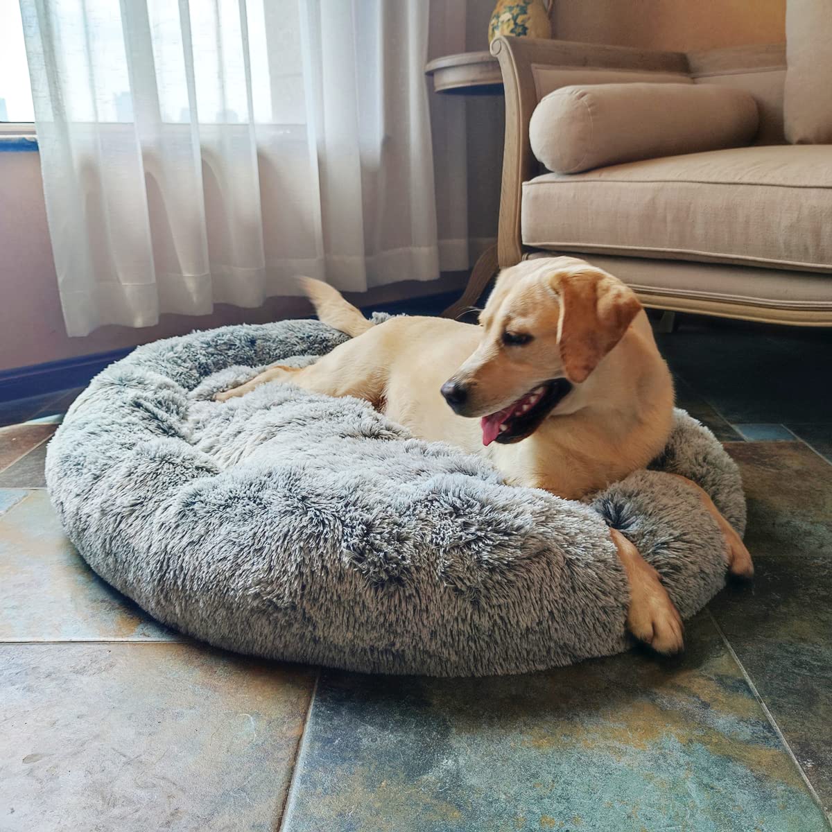 Coohom Oval Calming Donut Cuddler Dog Bed - Washable Shag Faux Fur Pet Bed for Small & Medium Dogs (XXL 43