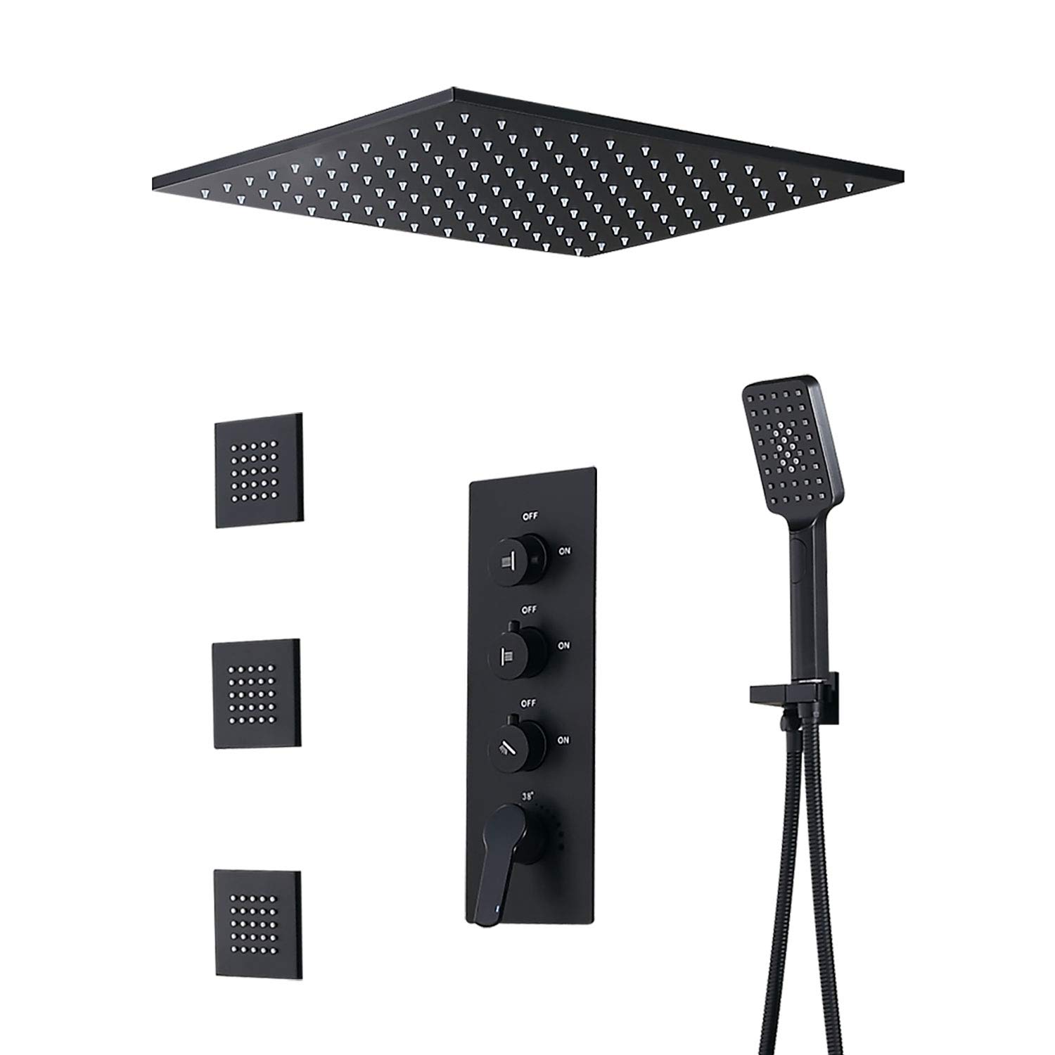 JiaYouJia 20 Inch Matte Black Rain Shower System - Square Rainfall Shower Head with Handheld Shower, Body Spray Jets & 3-Function Valve | Perfect for Luxury Bathroom Renovation & Spa-Like Shower Experience