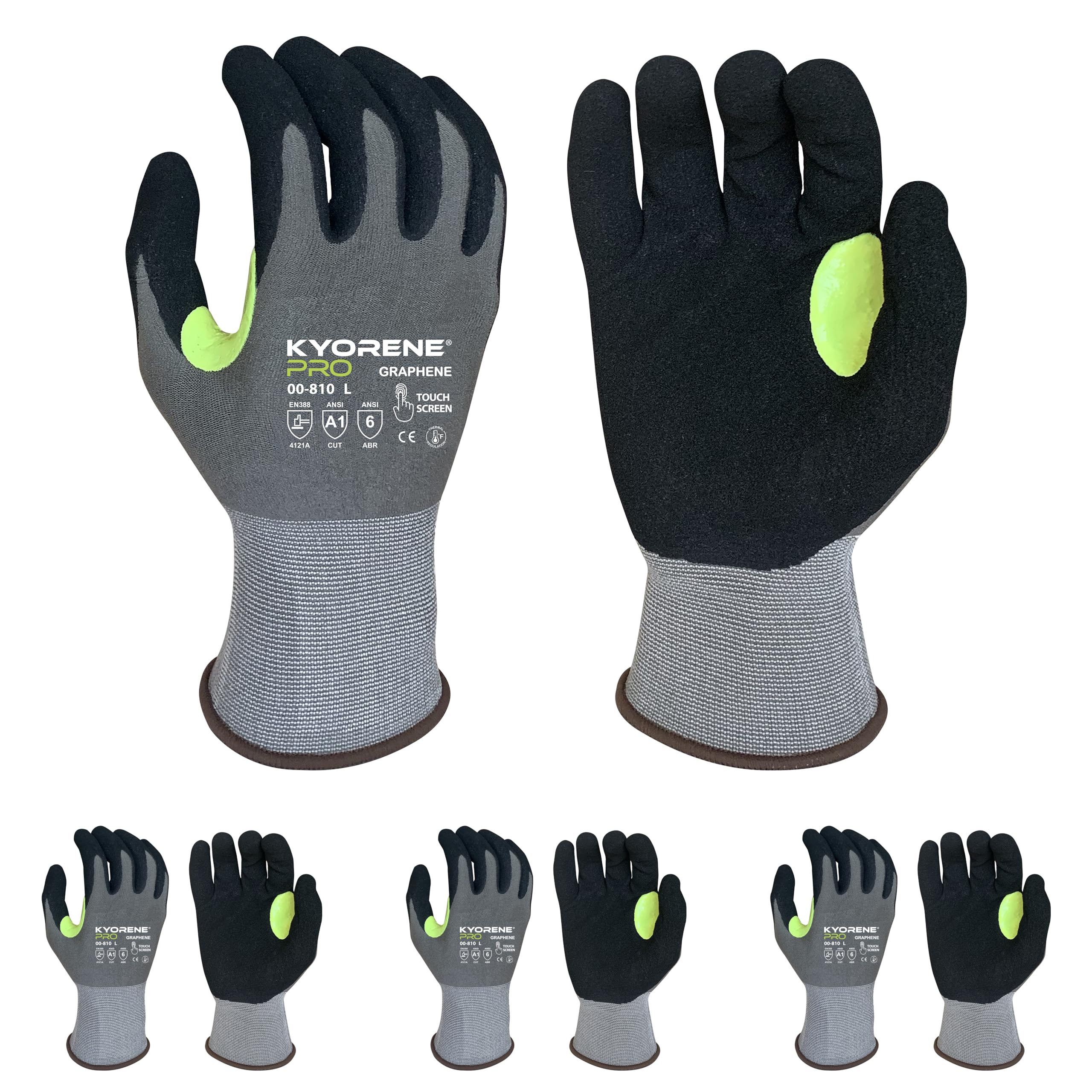 Kyorene Pro 00-810 Graphene Cut-Resistant Gloves - Durable Work Safety Gloves with Micro Foam Nitrile Coated Palm for Enhanced Grip, Size Large, 3-Pack - Ideal for Construction, Metalworking & Food Processing