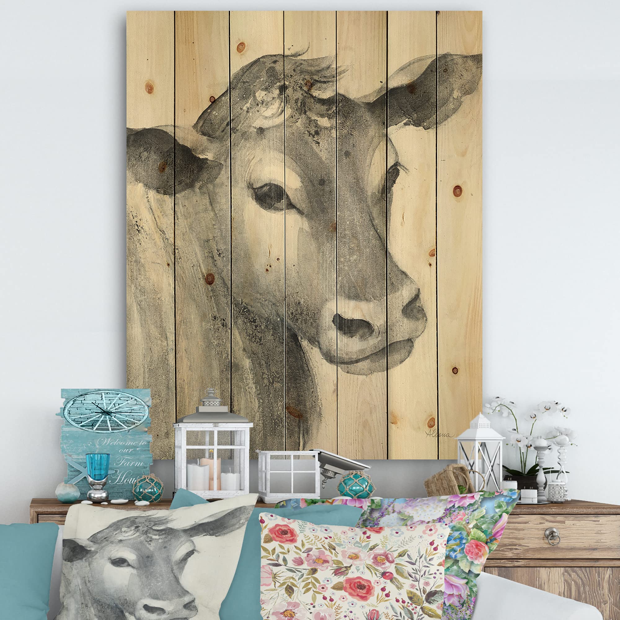 Farmhouse Wood Wall Decor - Black & White Cow Animal Art on Natural Pine Wood, Large Grey Wood Wall Panels for Living Room, Kitchen & Country Home Decor