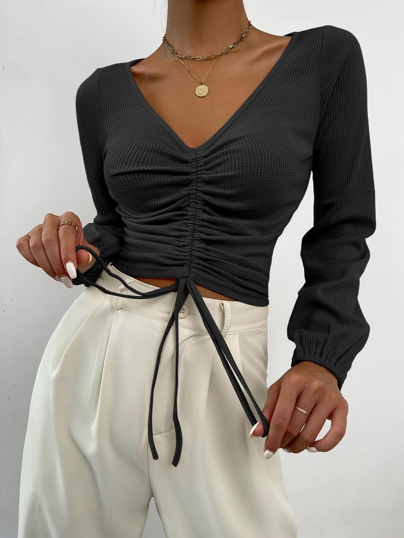 BENIN Women's Summer Short Sleeve T-Shirt - Ruched Waffle Knit Drawstring Tee for Casual Wear, Beach Outfits & Summer Fashion