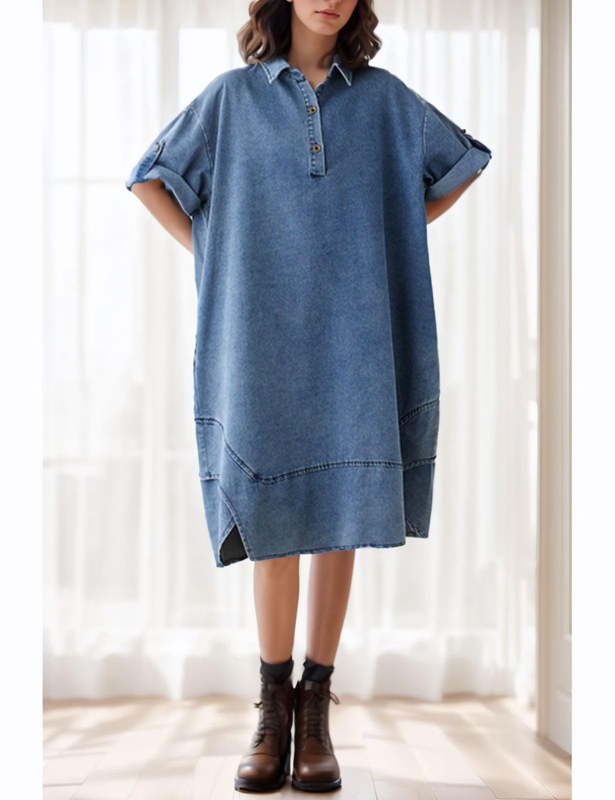 Kwoki Women's Oversized Denim Shirt Dress - Roll Up Short Sleeve Button Up Collared Jean Tunic with Pockets | Casual Summer Outfit, Beach Cover Up, Streetwear Fashion