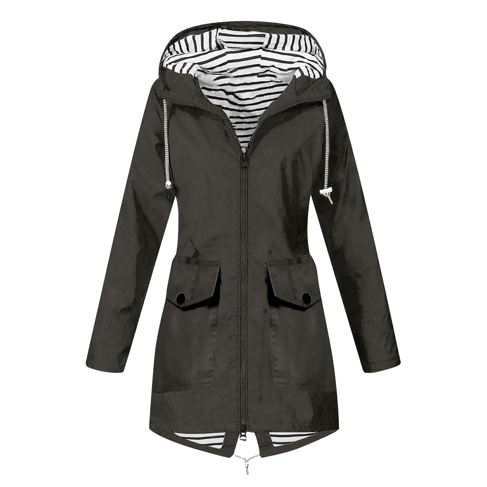 Waterproof Lightweight Rain Jacket for Women - Long Hooded Windbreaker with Striped Lining, Outdoor Active Trench Coat | Perfect for Hiking, Commuting & Rainy Day Adventures