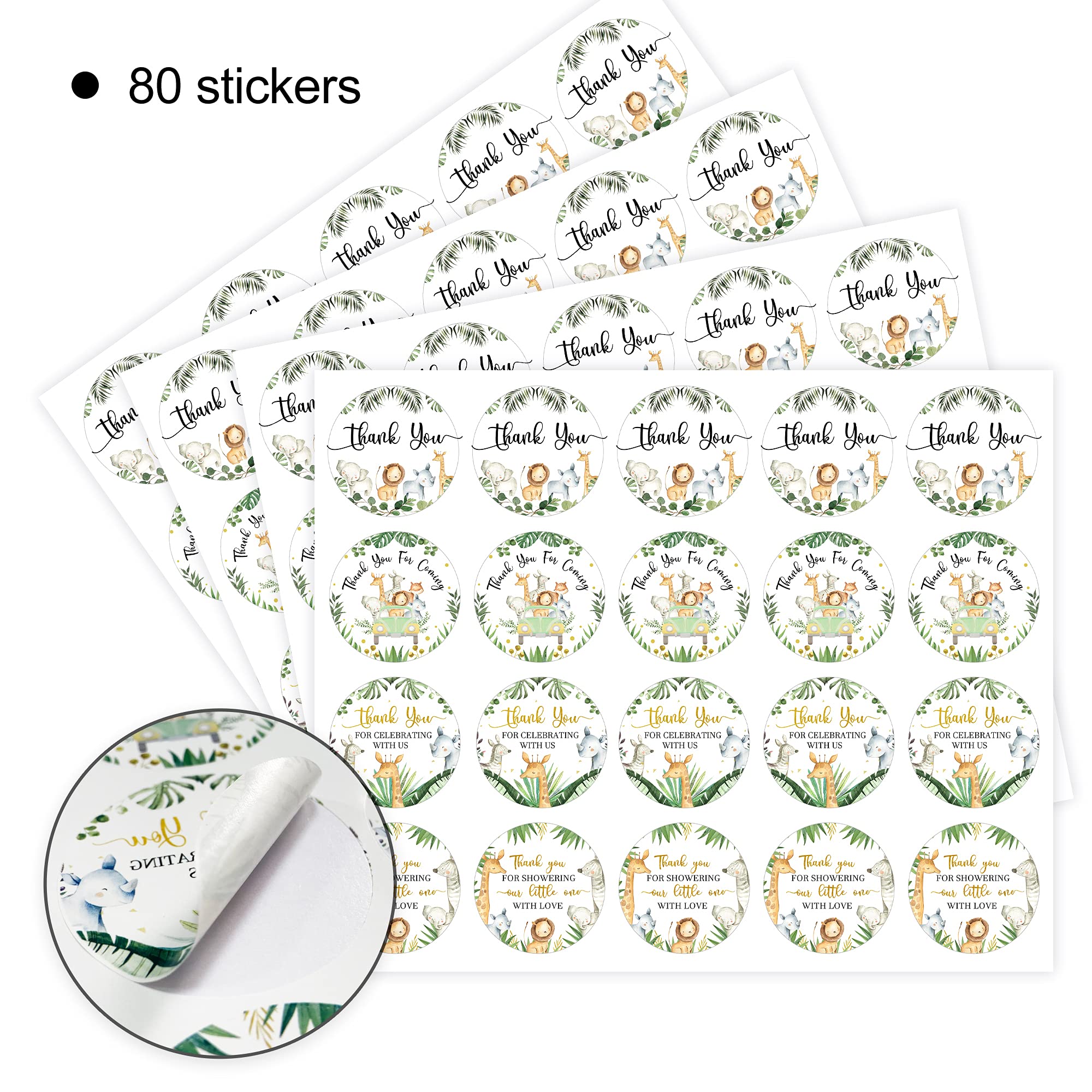 80-Piece Jungle Safari Thank You Stickers - Wild Animal Baby Shower & Birthday Party Favor Labels (2 Inch) - Perfect for Baby Showers, Birthday Favors, Scrapbooking & Gift Wrapping