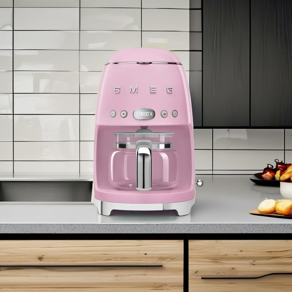 Smeg Retro 50's Style Drip Coffee Maker - 10 Cup Glass Carafe, Auto Start, Keep Warm Plate & Adjustable Brew Strength (Pink) | Perfect for Home Kitchen, Office Breakroom & Vintage Coffee Lovers