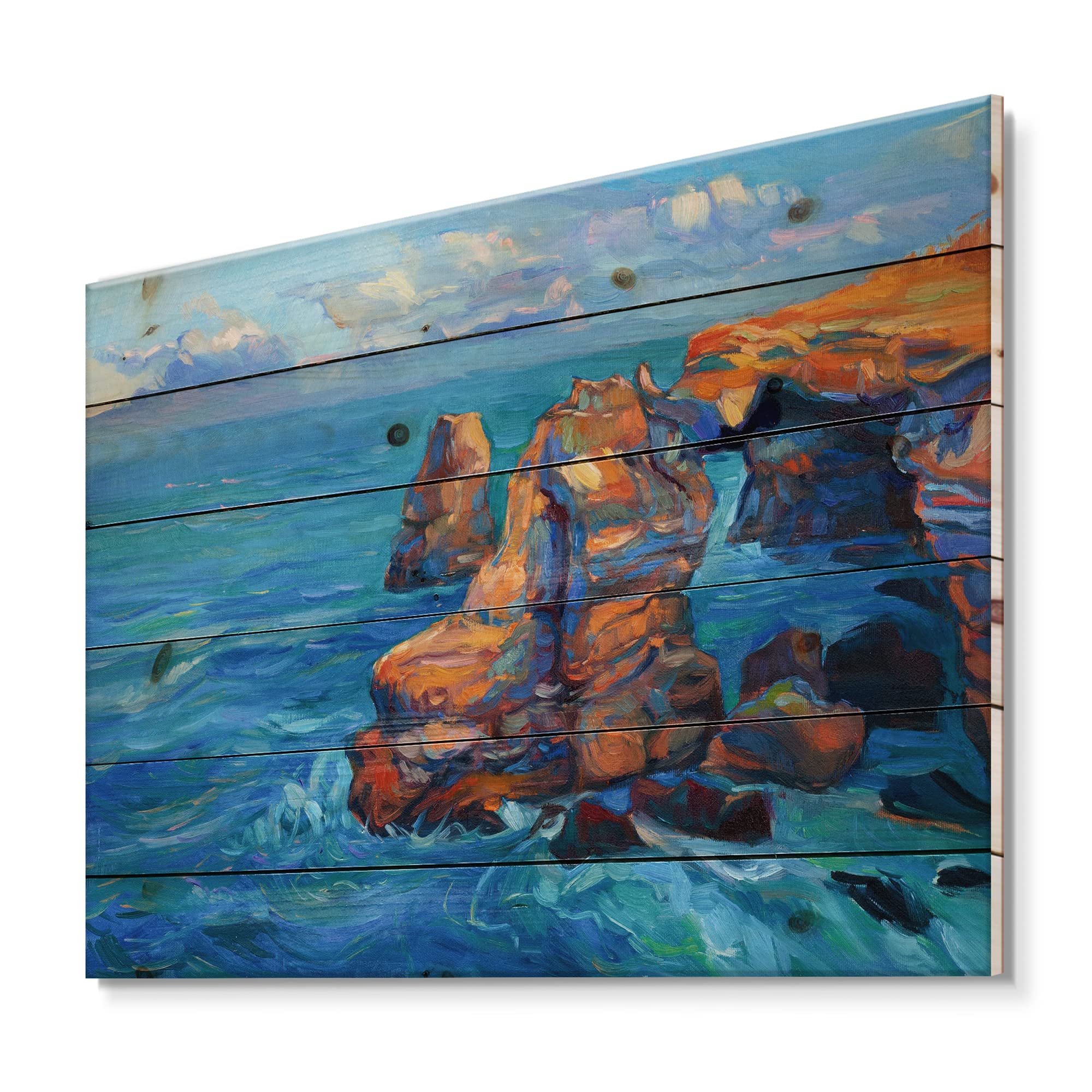 Cliffs By The Blue Ocean Nautical Coastal Wood Wall Art - Large Beach Wood Wall Panels Printed on Natural Pine - Perfect for Coastal Living Rooms, Beach House Decor & Ocean-Themed Bedrooms