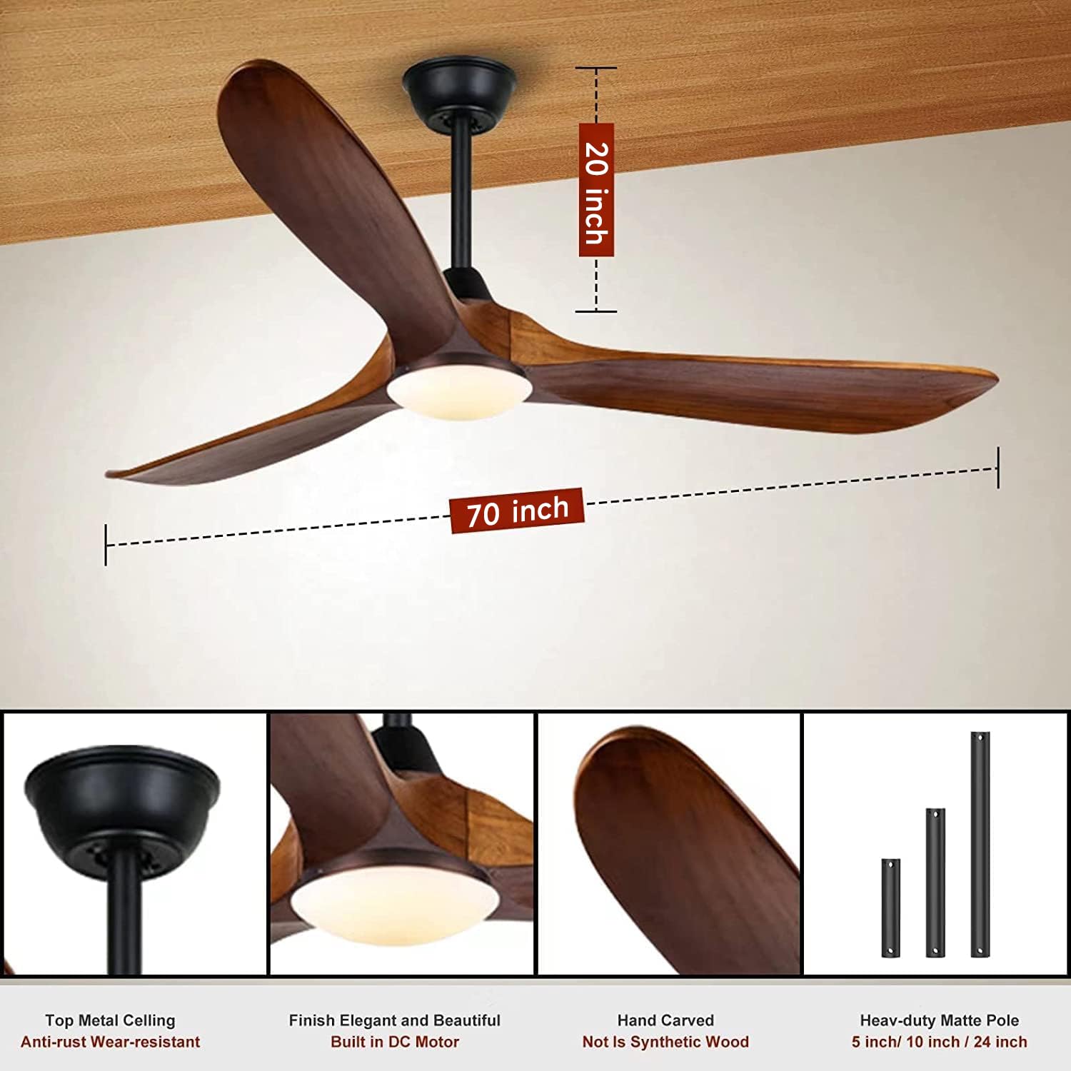 70 Inch Large Outdoor Ceiling Fan with Lights - Waterproof 3-Blade Wood Ceiling Fan for Patio, Porch, Gazebo - Quiet Reversible DC Motor - Perfect for Farmhouse, Exterior House & Outdoor Living Spaces