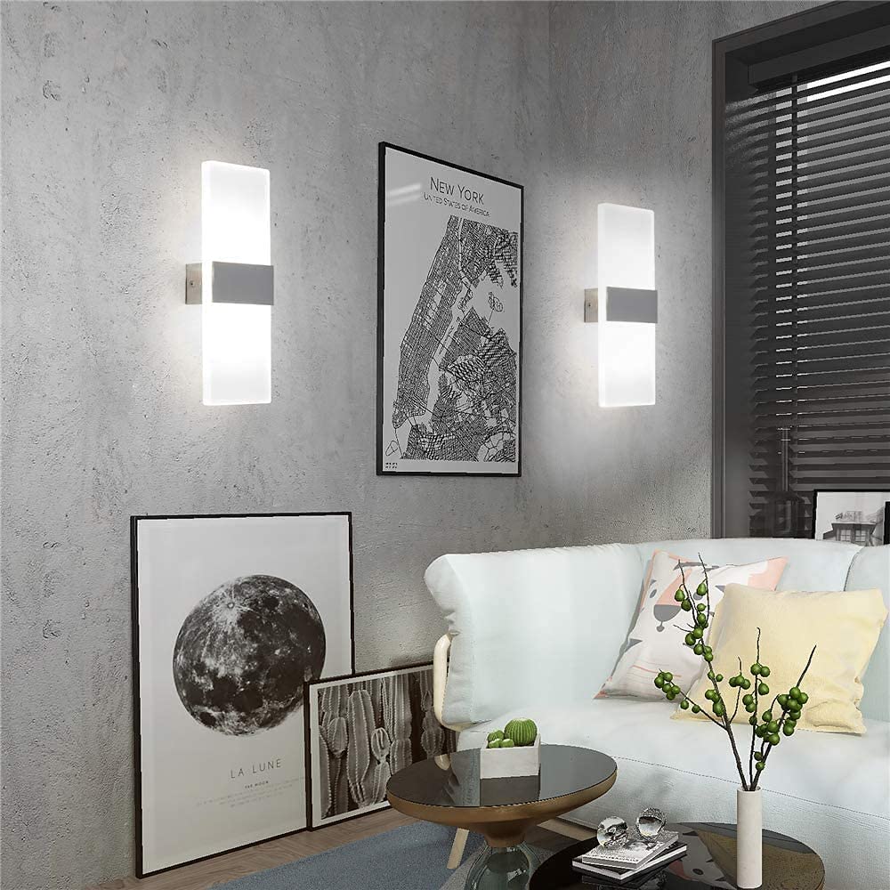 Dimmable LED Wall Sconces Set of 2 - Modern 12W Wall Lights for Hallway, Bedroom & Living Room - Cool White (HS821-2) - Perfect for Ambient Lighting and Home Decor