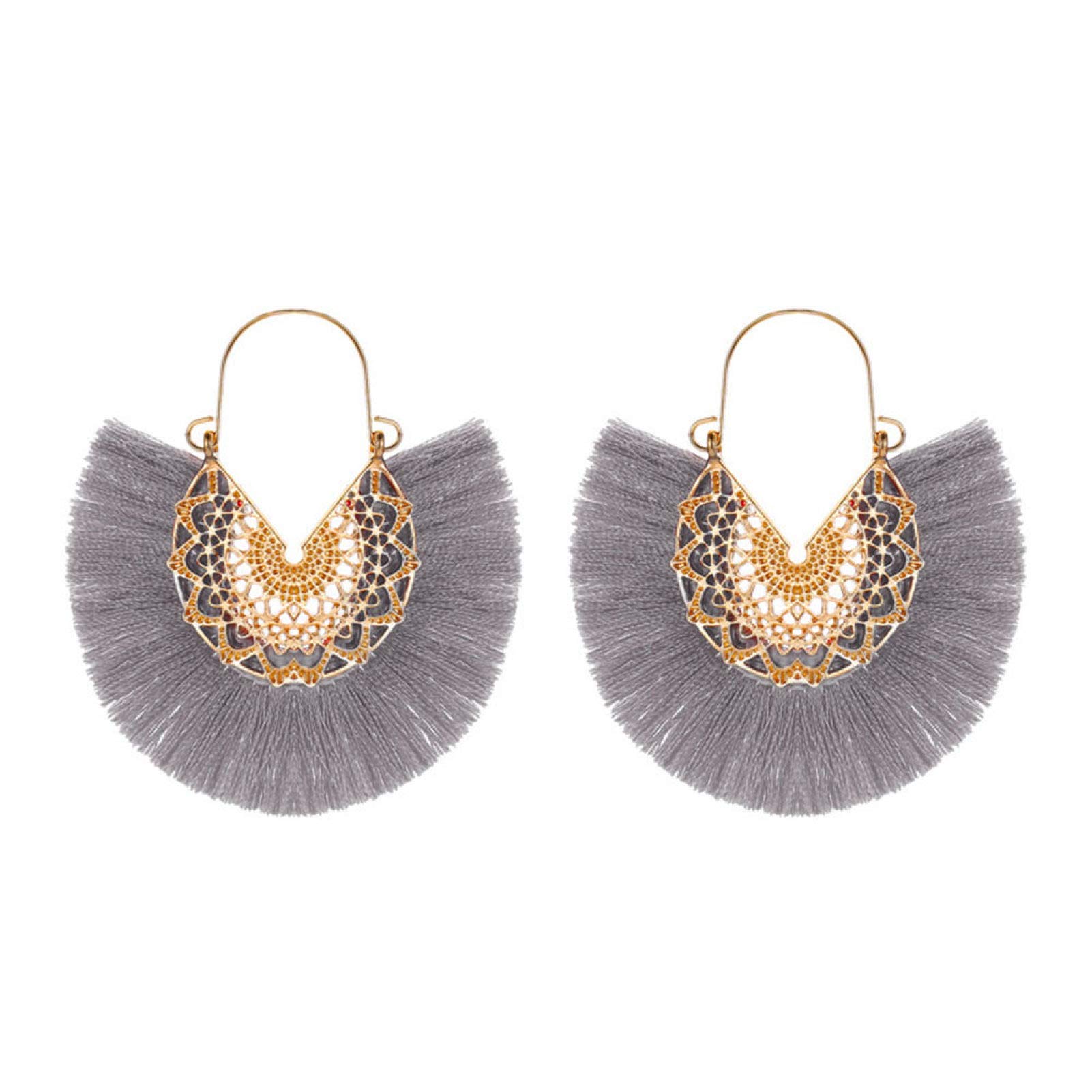 Bohemian Tassel Fringe Drop Earrings for Women - Grey Floral Dangle Hoop Jewelry | Perfect for Parties, Weddings & Boho Fashion Accessories