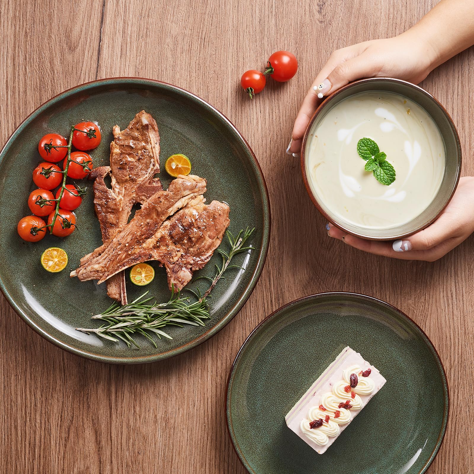 **12-Piece Stoneware Dinnerware Set for 4, Handmade Reactive Glaze Plates & Bowls, Chip & Crack Resistant Ceramic Dish Set in Brown & Green – Perfect for Everyday Dining & Entertaining**