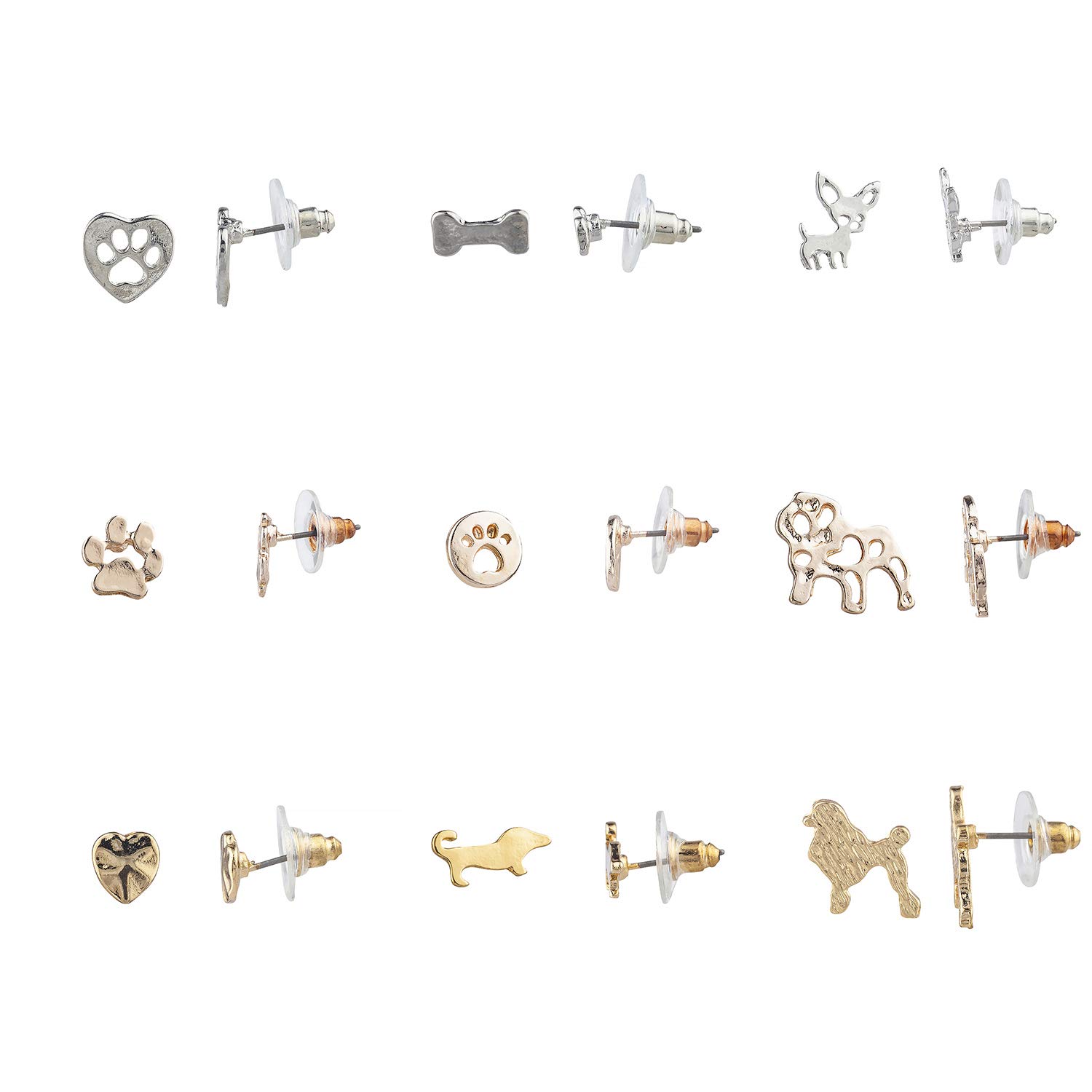 9 Pairs Heart Paw Dog Bone Stud Earrings for Pet Lovers