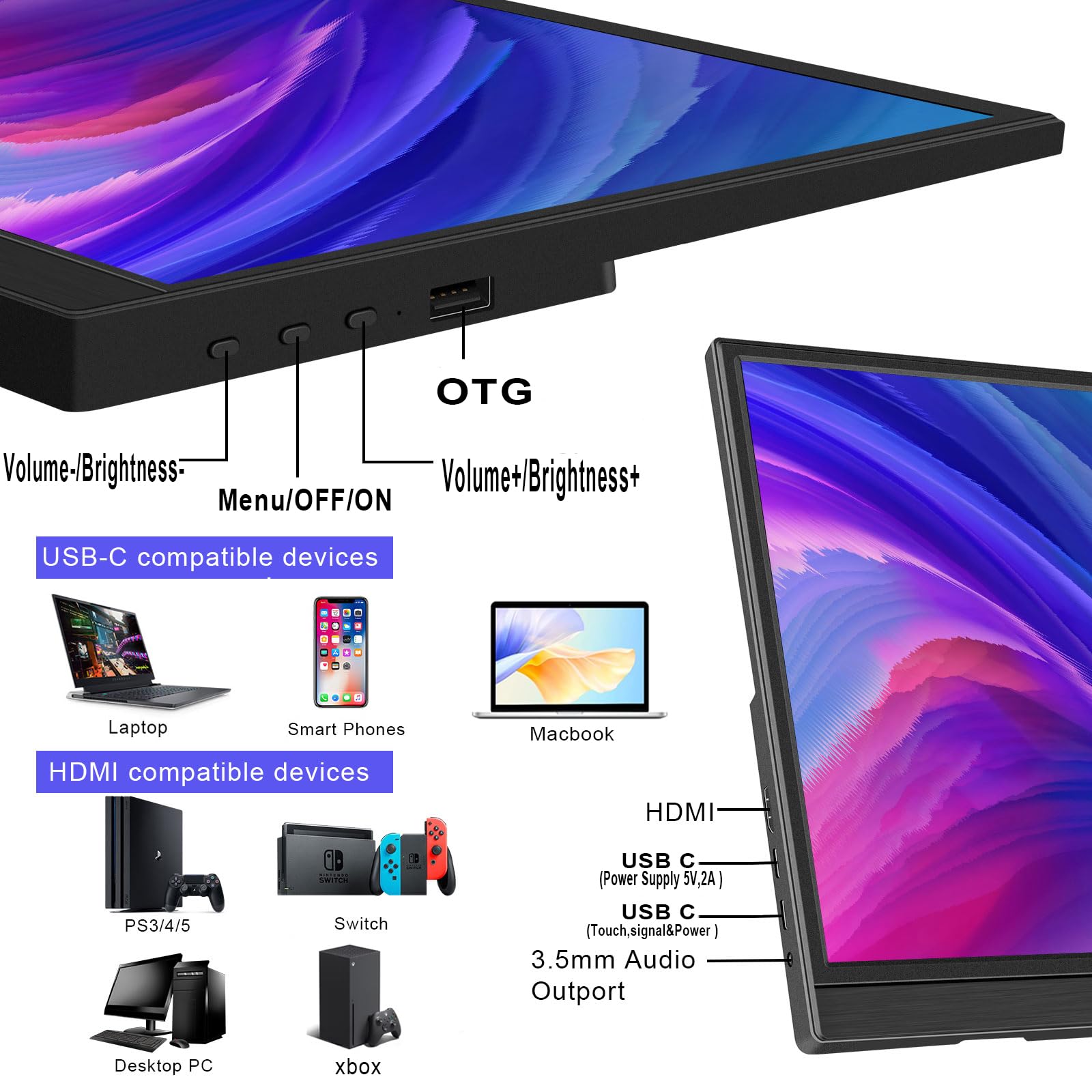 15.6 Inch Portable Touchscreen Monitor - Full HD 1080P HDR IPS Display with USB-C & HDMI Ports, Built-in Speakers & Stand - External Screen for Laptop, PC, Mac, Xbox, PS4/5, Nintendo Switch, Mobile Phones - Perfect for Work, Gaming & Travel