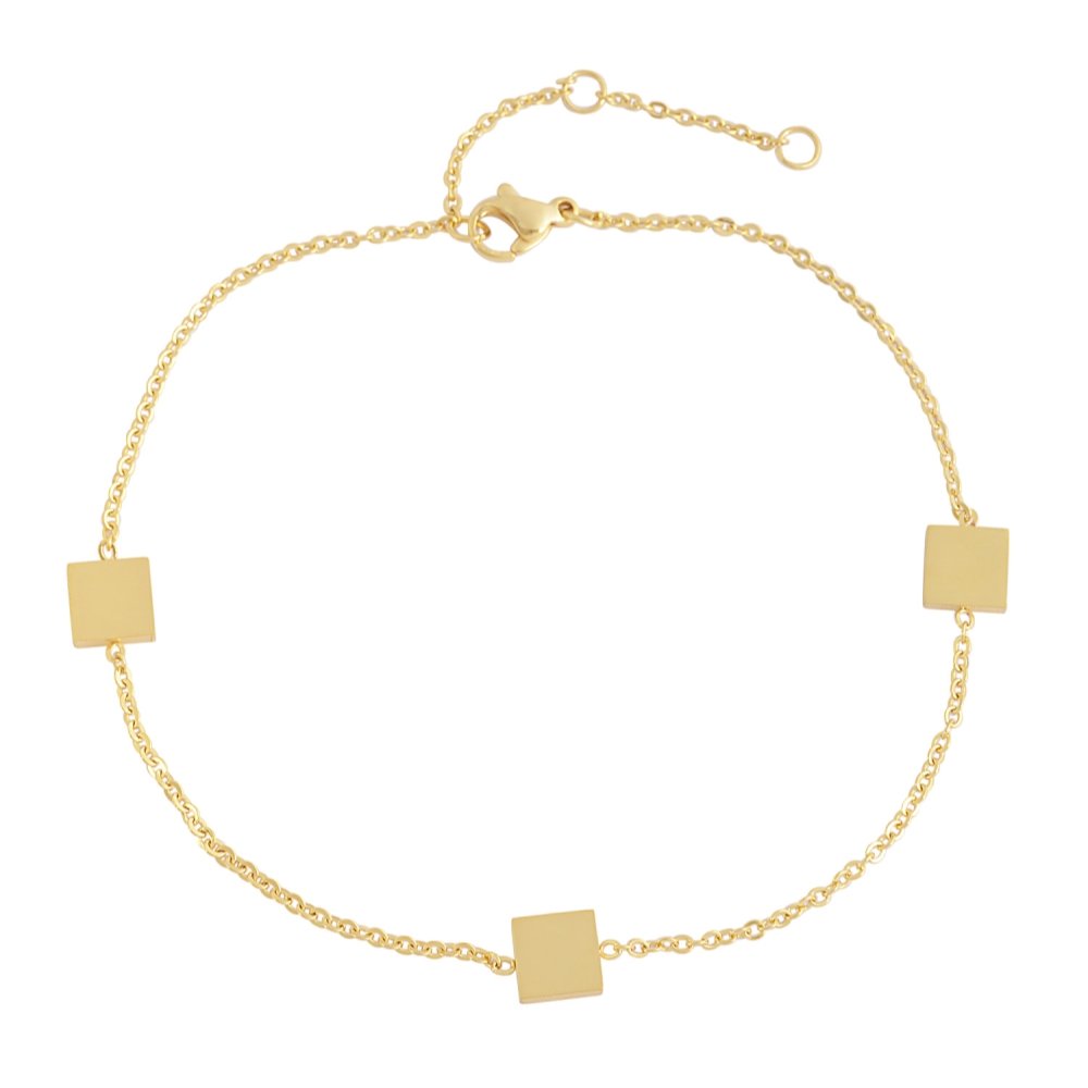 Edforce Stainless Steel Women's 3 Charm Square Anklet Bracelet - Adjustable 8.5