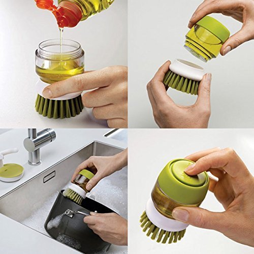 QONETIC Kitchen Sink Cleaning Brush with Built-in Soap Dispenser - Dish Scrubber with Storage Stand Holder, Palm Scrub Brush for Washing Dishes - Perfect for Kitchen, Bathroom, and Outdoor Cleaning (SDWB.01)