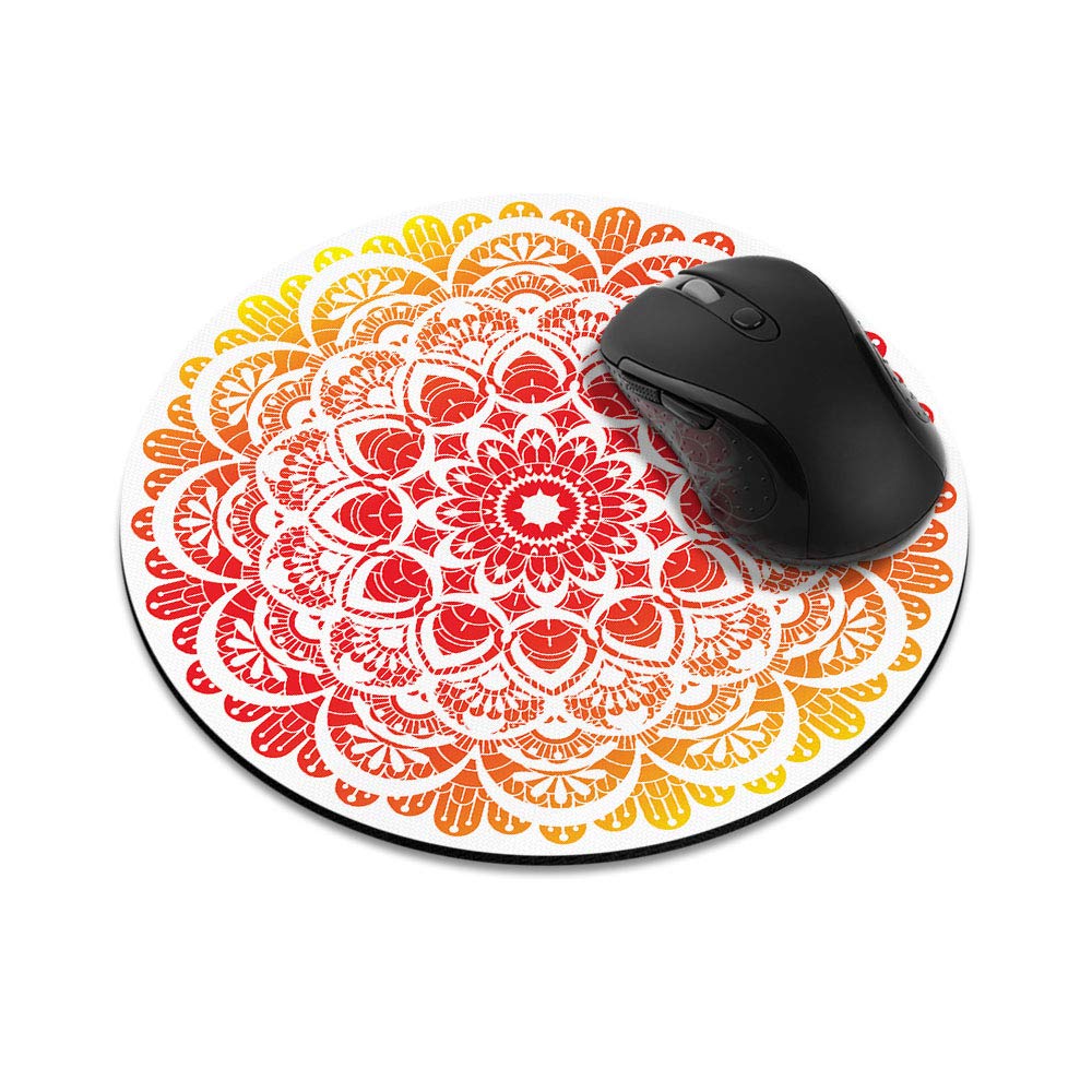 WIRESTER Non-Slip Round Mouse Pad - Red Orange Mandala Design for Home Office & Gaming Desk | Perfect for Computer Work, Online Meetings & PC Gaming