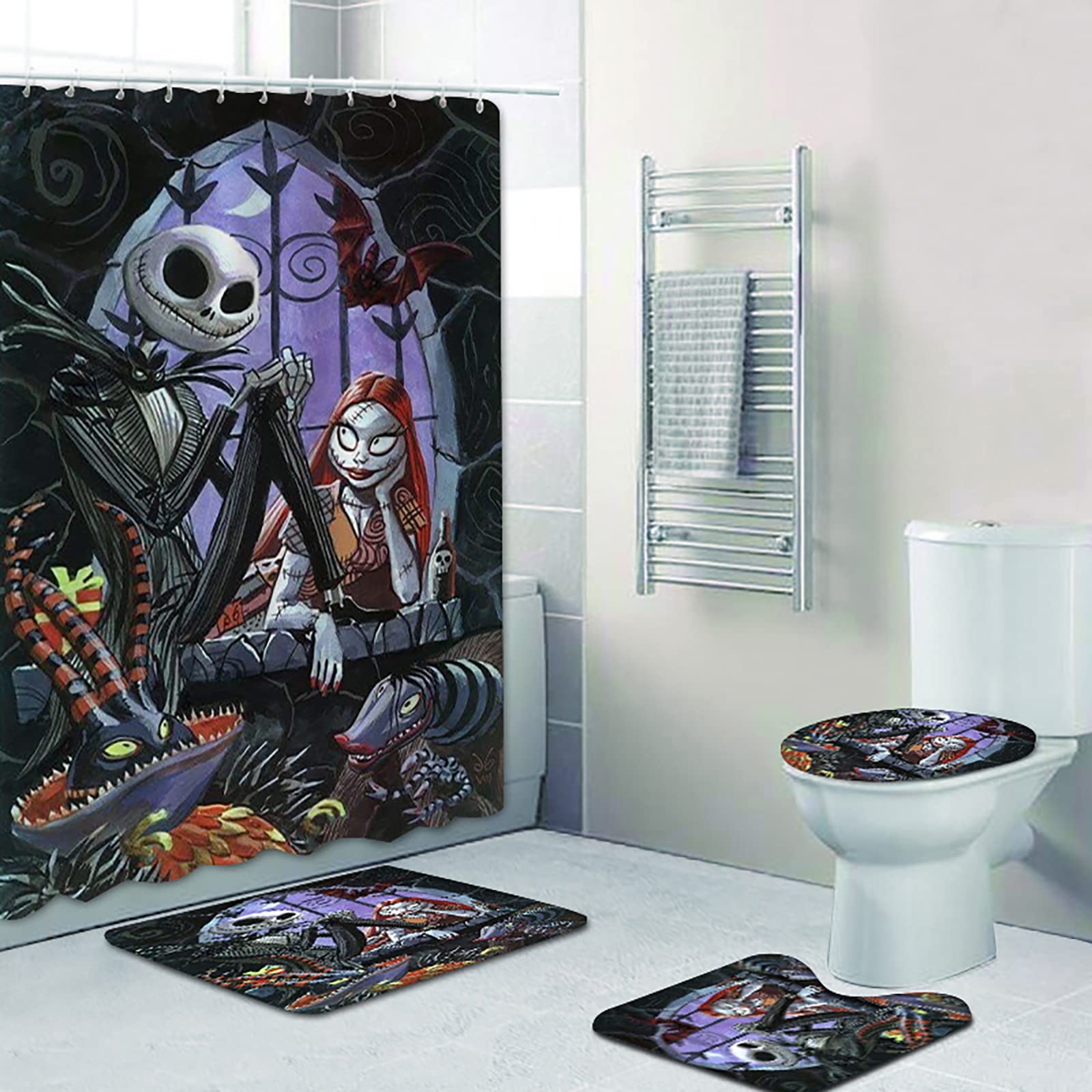 NEWSUYAA Halloween Shower Curtain Set - Waterproof Bathtub Curtain with 12 Hooks & Non-Slip Bath Mats, Spooky Bathroom Decor for Halloween Party, Haunted House Theme, and Seasonal Home Decoration