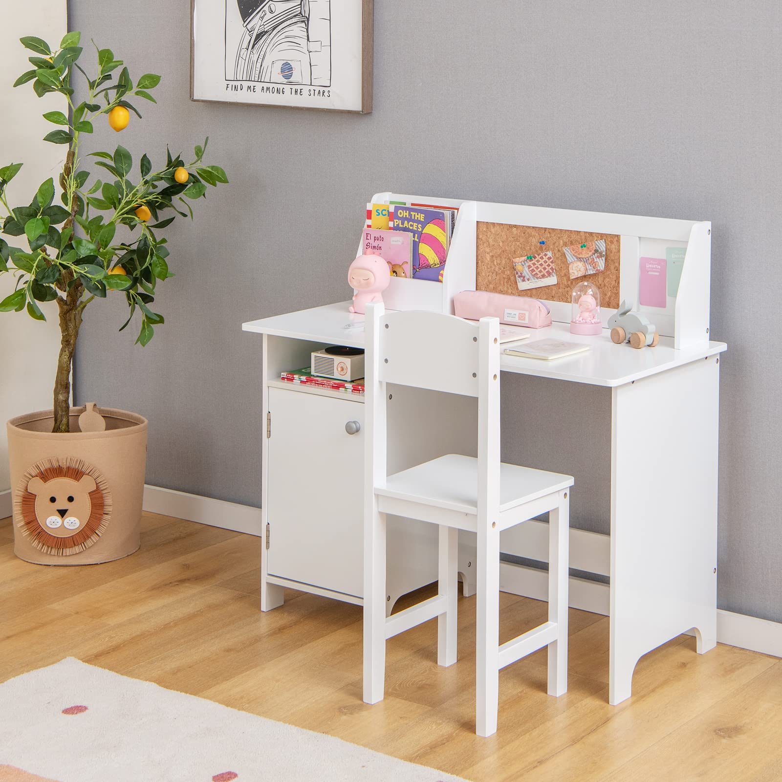 Costzon Kids Desk and Chair Set - Adjustable Wooden Study Table with Storage, Hutch, Cork Board & Whiteboard | Ergonomic Children's Writing Desk for Homework, Online Learning & Bedroom | Perfect for School, Homeschool & Small Spaces (White)