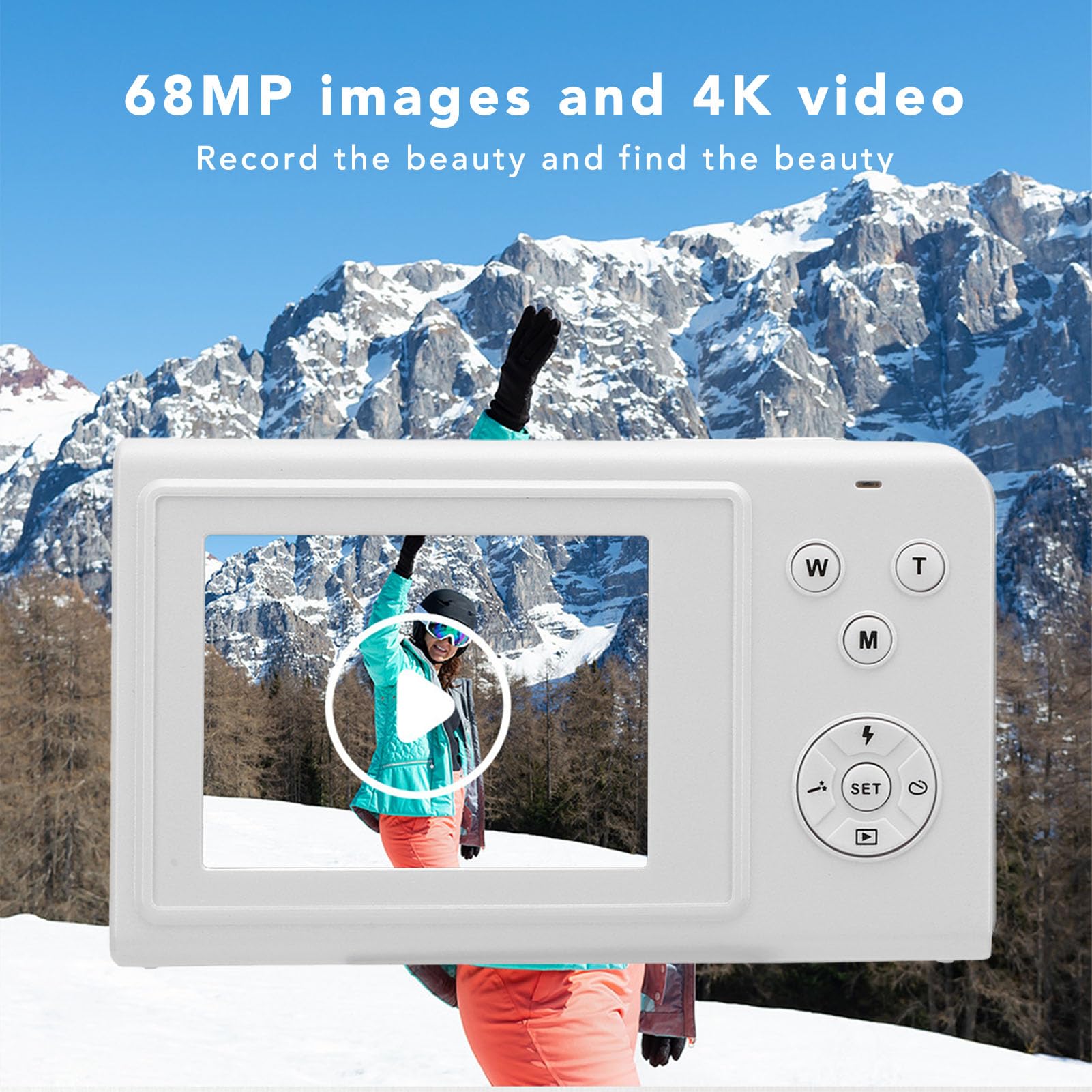 4K 68MP Digital Camera with 16X Zoom, Auto Focus & Anti-Shake - Vlogging Camera for Travelers with Continuous Shooting & Built-in Fill Light (White) - Perfect for Travel Vlogs, YouTube Content & Outdoor Photography