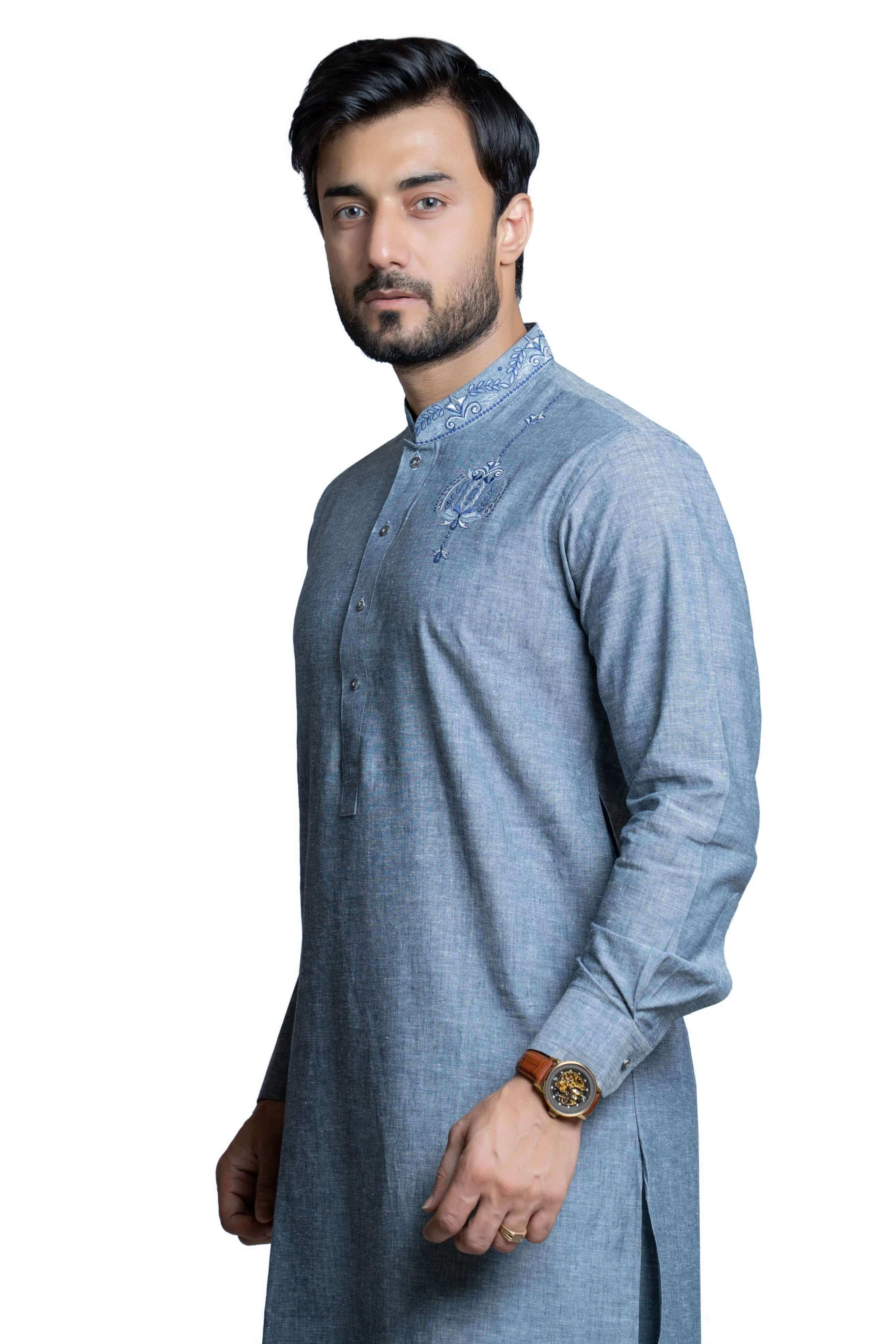 Grey & Blue Embroidered Linen Kurta Pant Set - Classic Fit for Men | Traditional Indian Ethnic Wear for Weddings & Festivals