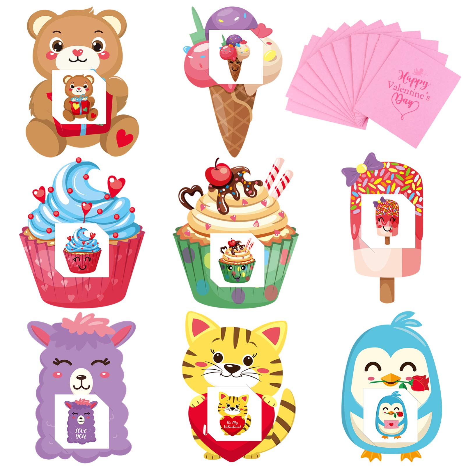 PRETYZOOM Valentine's Day Greeting Cards Set - 32pcs with Temporary Tattoos & Pink Envelopes, Cute Cartoon Cards for Classmates, Friends & Valentine Exchange Gifts - Perfect for School Parties, Love Notes & Romantic Surprises