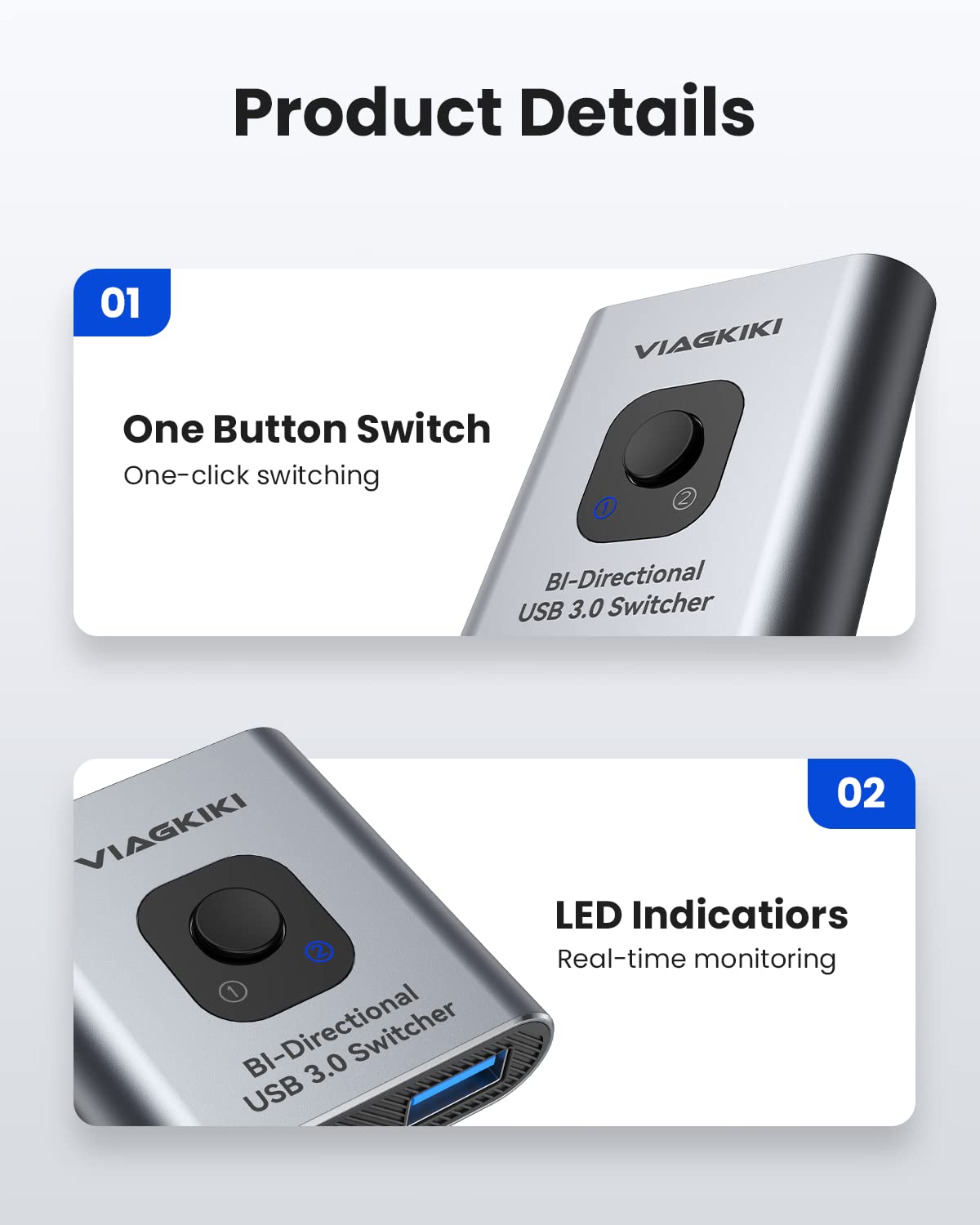 2-Port USB 3.0 KVM Switch - 1 in 2 Out or 2 in 1 Out for Sharing Mouse, Keyboard, Printer & Scanner Between 2 Computers | Perfect for Home Office & Multi-PC Workstations