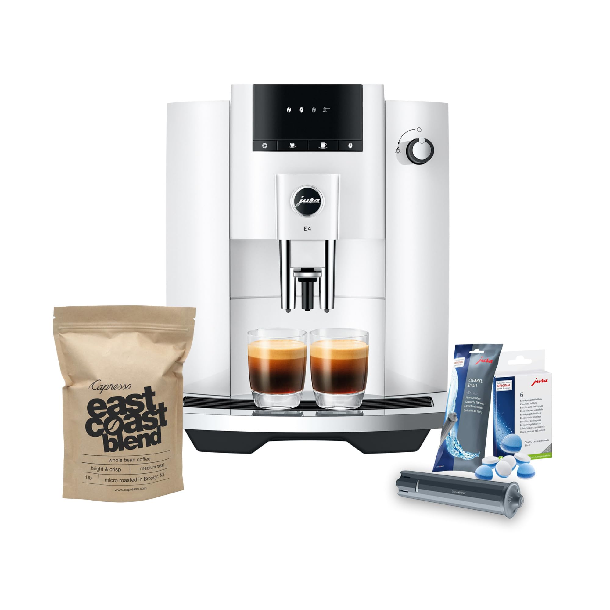 Jura E4 Automatic Coffee Machine in Piano White with CLEARYL Smart+ Water Filter, 6 Cleaning Tablets & East Coast Blend Whole Bean Coffee - Perfect for Home, Office & Coffee Shops