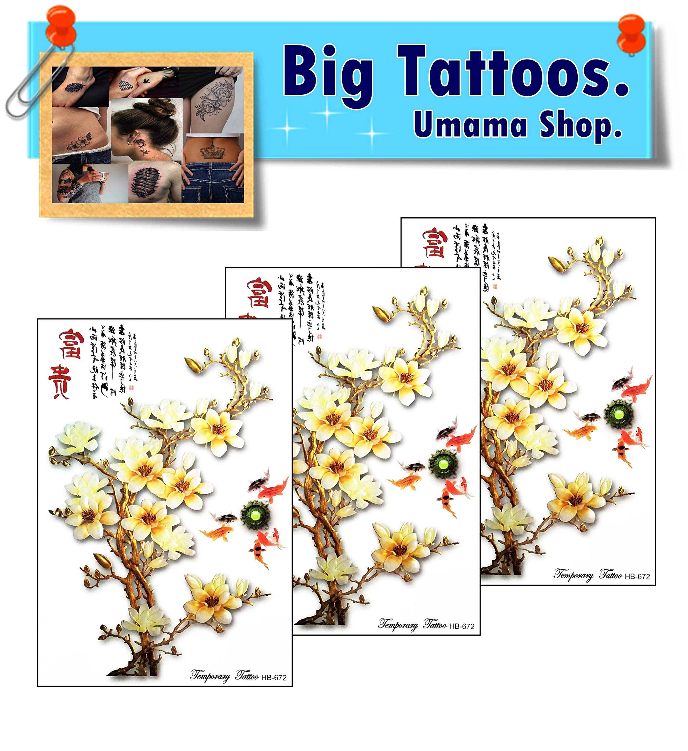 Umama Large Fake Tattoos - 3 Sheets Beautiful Cherry Blossom Tree Japanese Flower Design, Cartoon Style Temporary Tattoo Stickers for Arm, Chest & Shoulder - Perfect for Cosplay, Festivals & Body Art Makeup