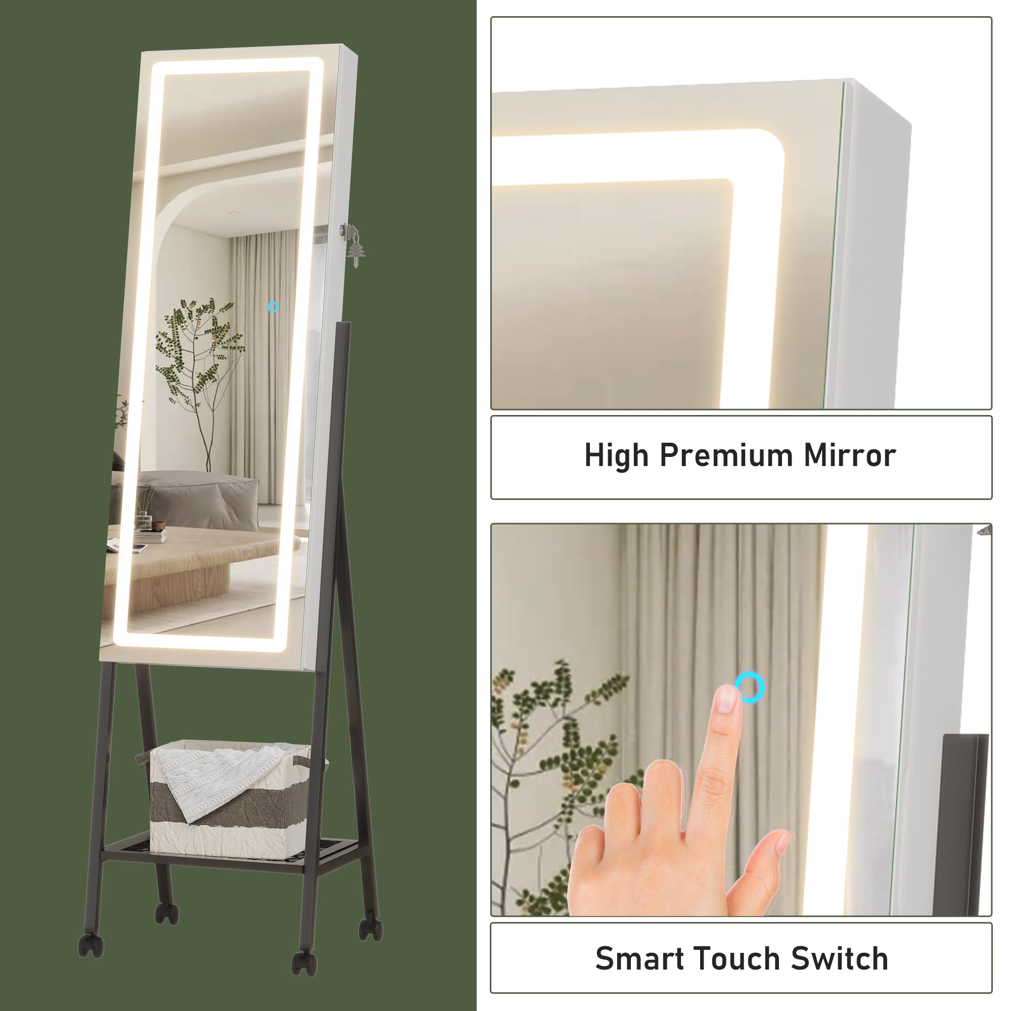 Full-Length LED Standing Mirror with Jewelry Storage - Smart Touch Control, 6 Color Lighting Options, Lockable Cabinet & Removable Wheels for Bedroom, Dressing Room, and Closet Organization
