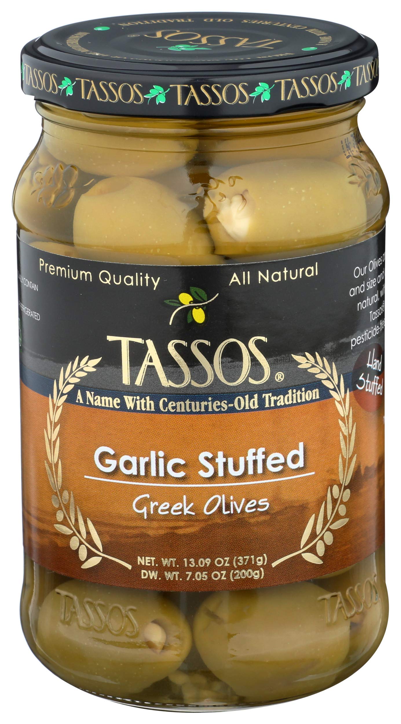 TASSOS Garlic Stuffed Olives - 13.09 oz Jar | Premium Stuffed Green Olives with Garlic | Perfect for Charcuterie Boards, Salads & Cocktail Garnishes