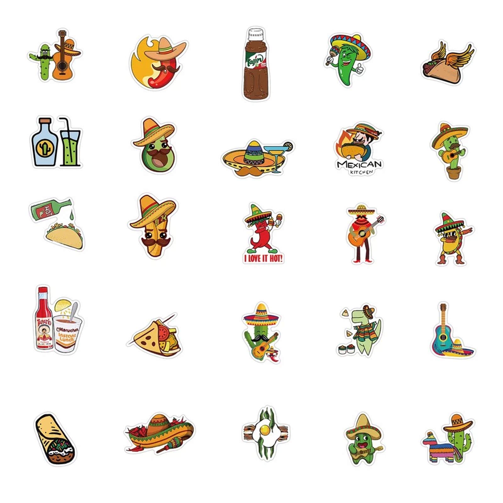 50pcs Mexican Food Stickers - Waterproof Vinyl Taco Stickers for Boys & Teens - Perfect for Laptops, Water Bottles & School Supplies