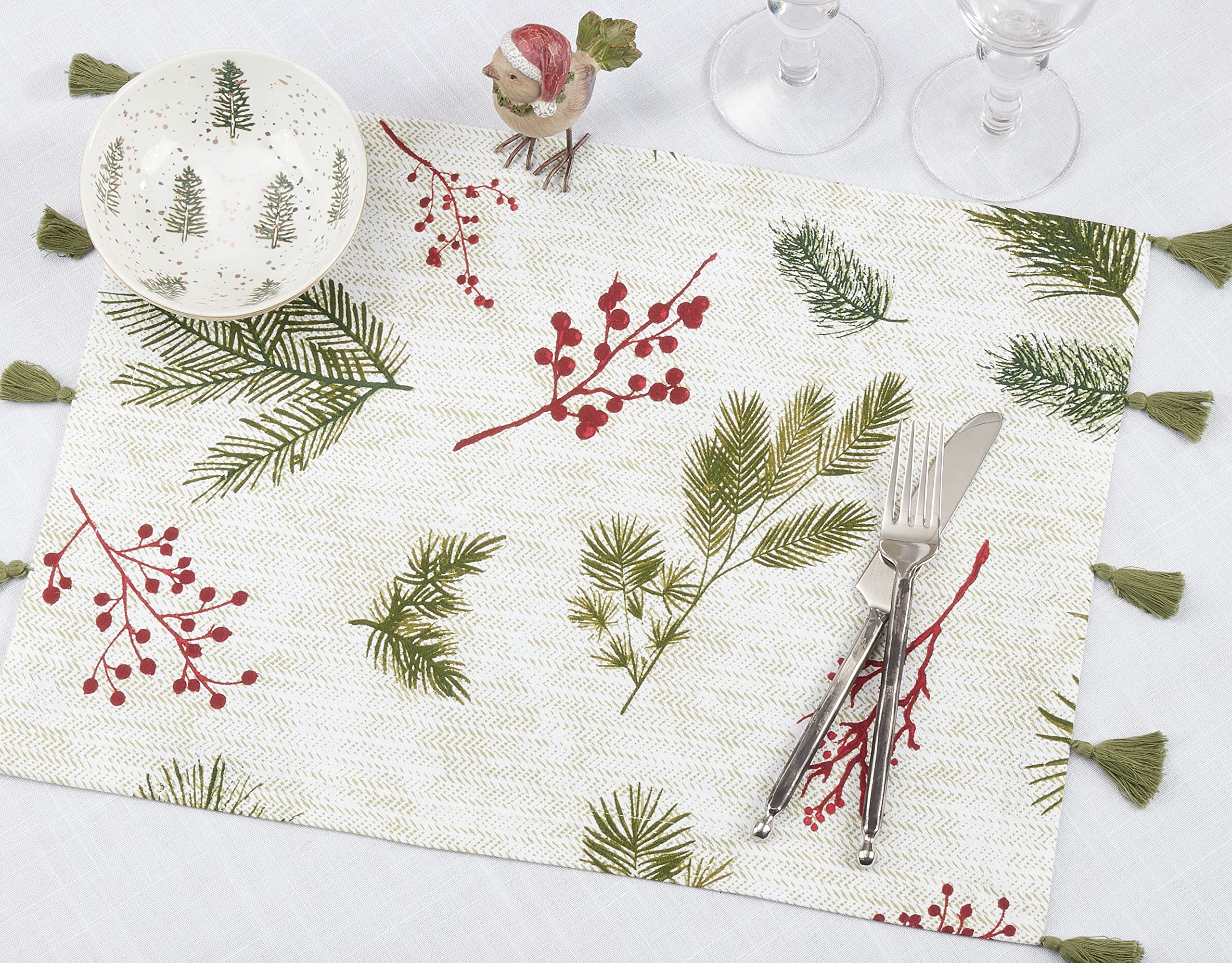 Premium Pine Needle & Red Berry Placemats Set of 4 - Elegant Holiday Table Decor for Christmas Dinner, Thanksgiving, and Festive Gatherings