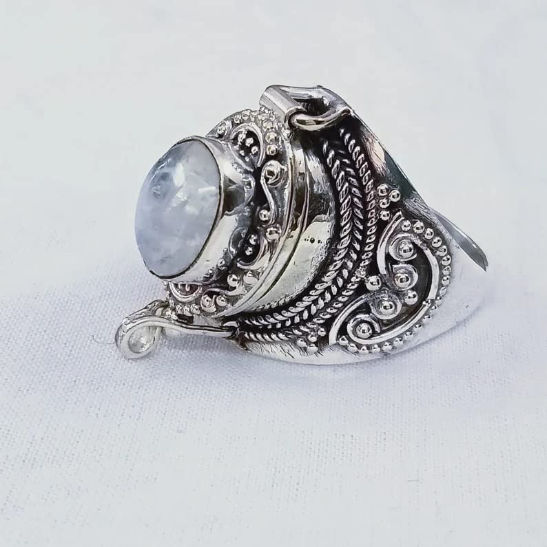 Natural Rainbow Moonstone Ring | Oval Gemstone Jewelry | June Birthstone Ring | Artisan Designed Locket Ring with Blue Flash | Perfect for Gift Giving, Weddings & Boho Fashion